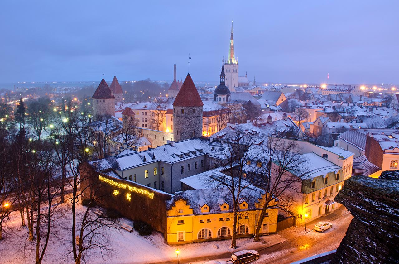 image Tallinn Estonia Winter Snow Evening Street lights Cities