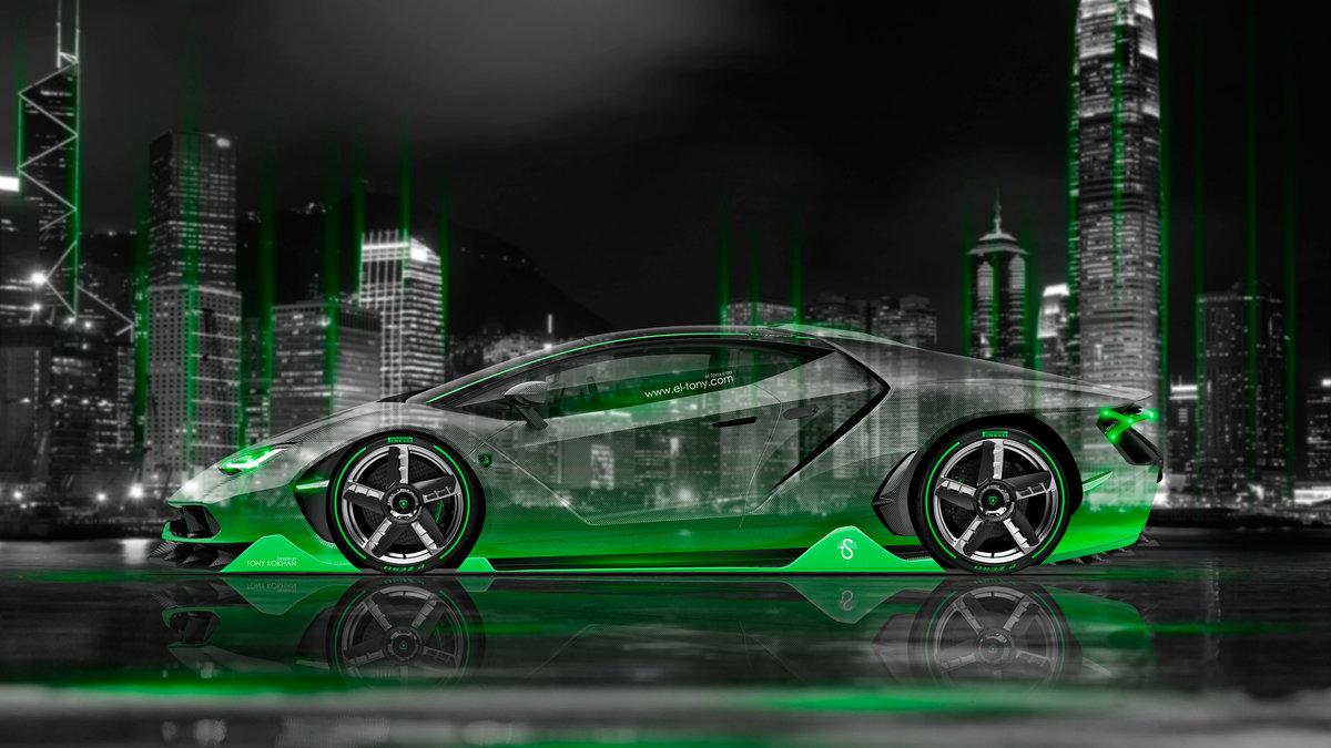 Lamborghini Centenario Side Crystal City Night Car 2016 Green Neon