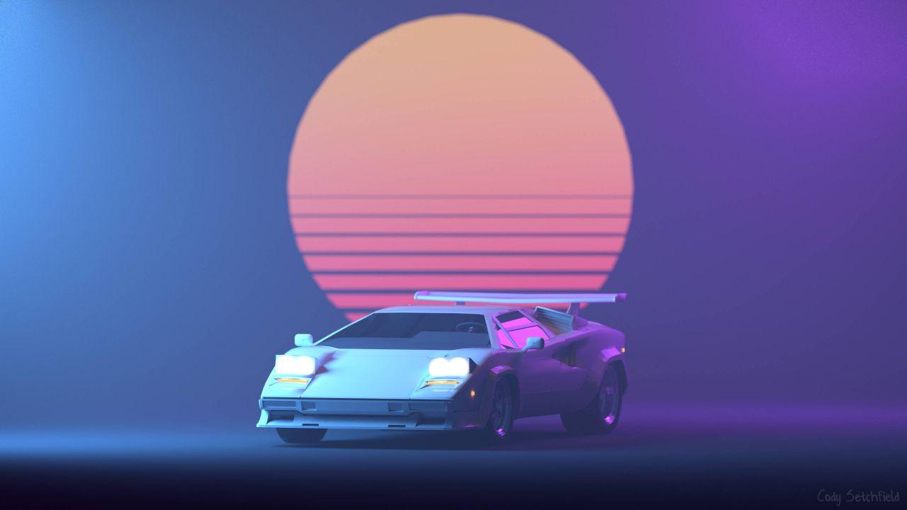 Wallpaper Lamborghini, Retro, Neon, Sun, 4K, Creative Graphics