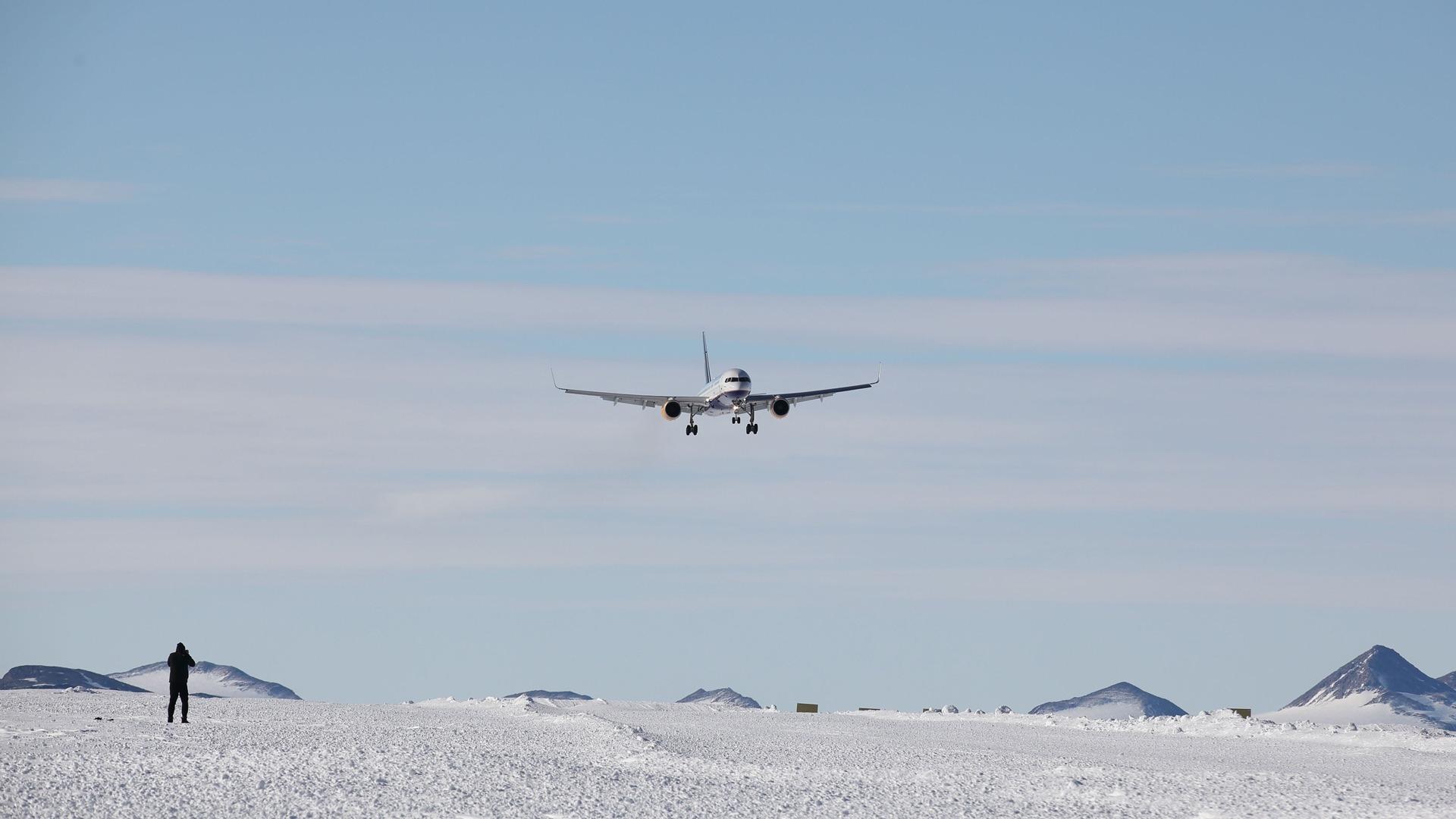First Boeing 757 Airliner Landing On Blue Ice Runway In Antarctica. The