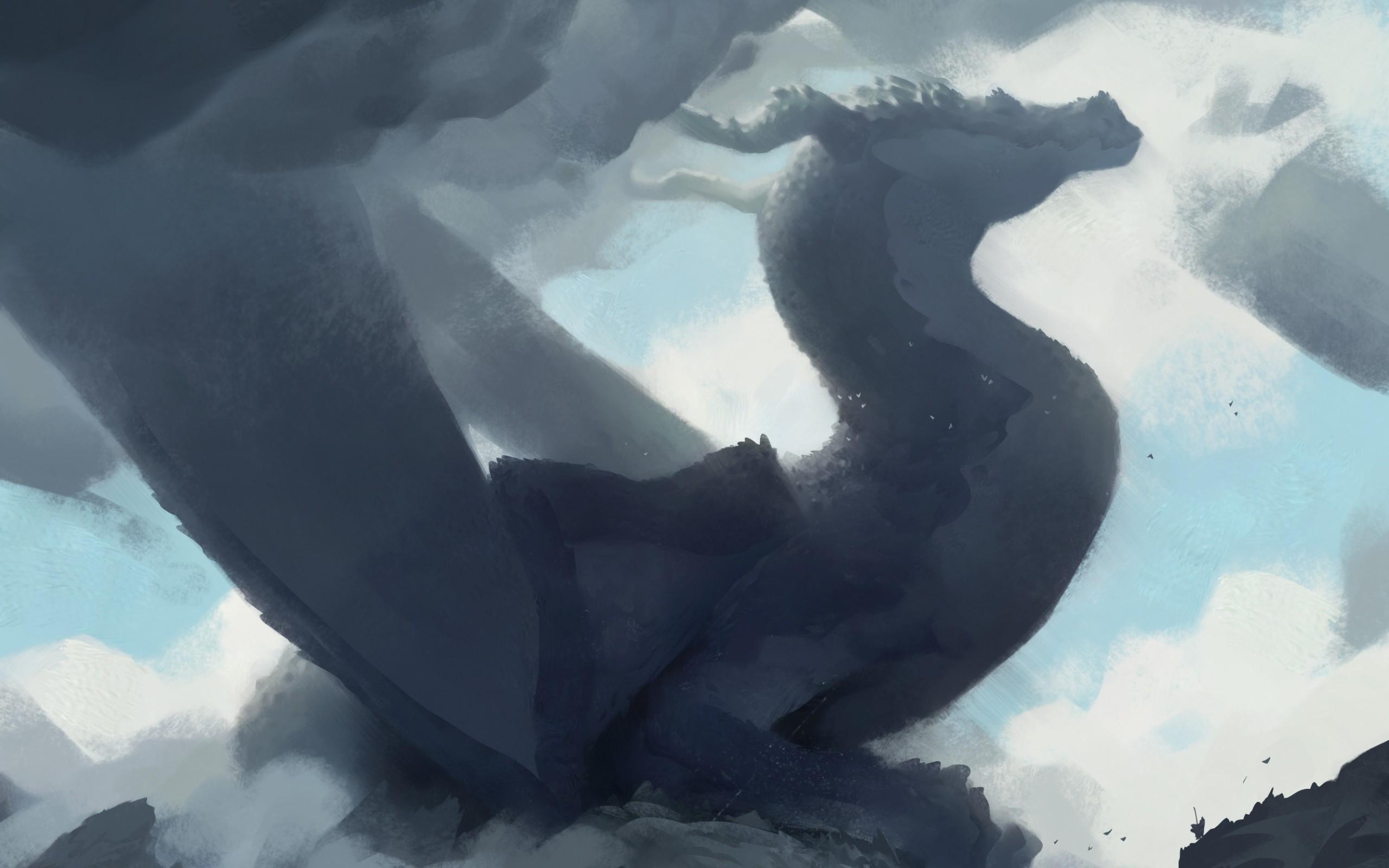 Download 2560x1600 Dragon, Silhouette, Clouds, Fantasy Creatures