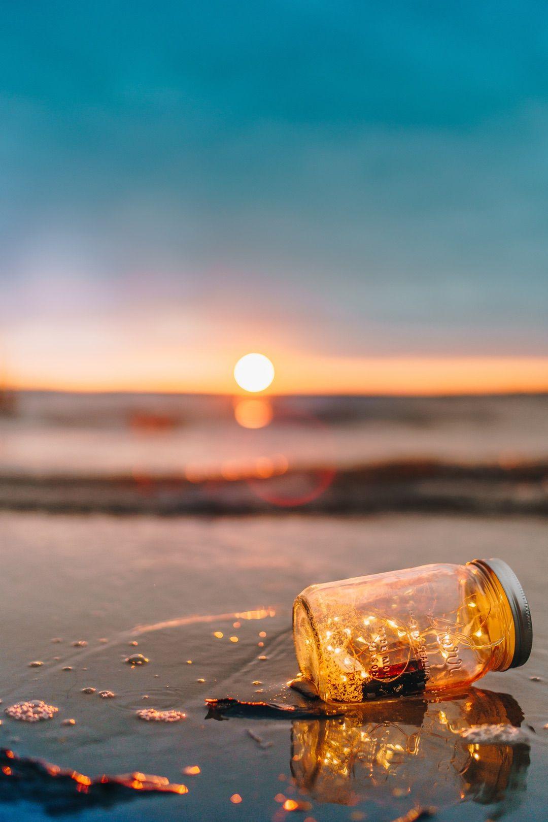 fairy lights, beach, bottle. Artsy. Photography, Aesthetic