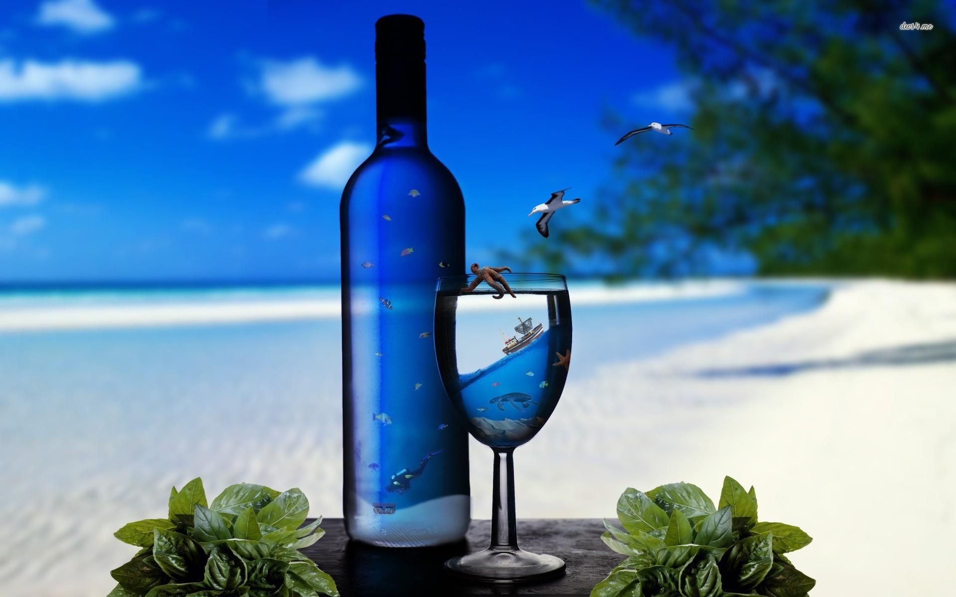 Glass and bottle on the beach wallpaper Art wallpaper