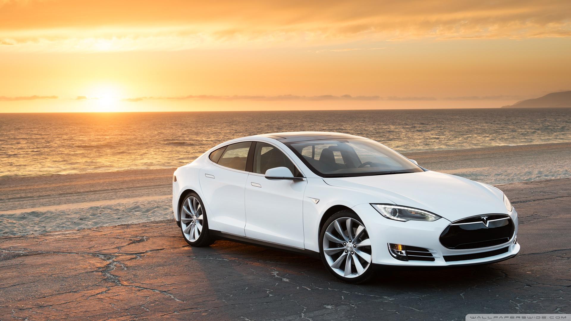 Tesla Model S in White, At the Beach ❤ 4K HD Desktop Wallpaper