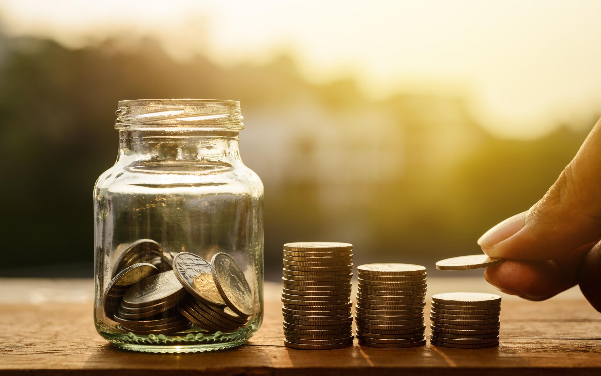 Download wallpaper glass bank with coins, piggy bank, savings money