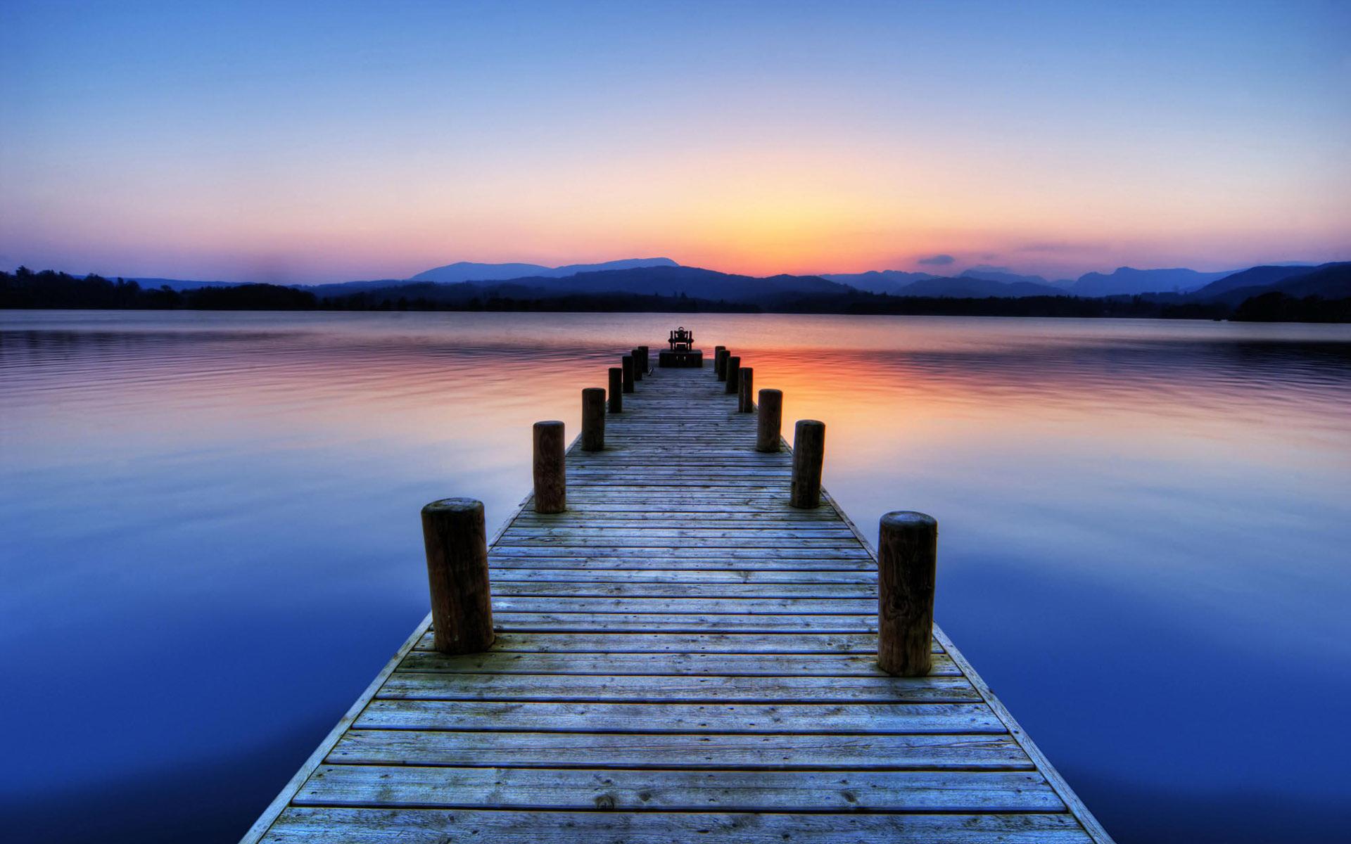 Download Wallpaper sunset lake dock jetty cumbria, 1920x1200, Boat
