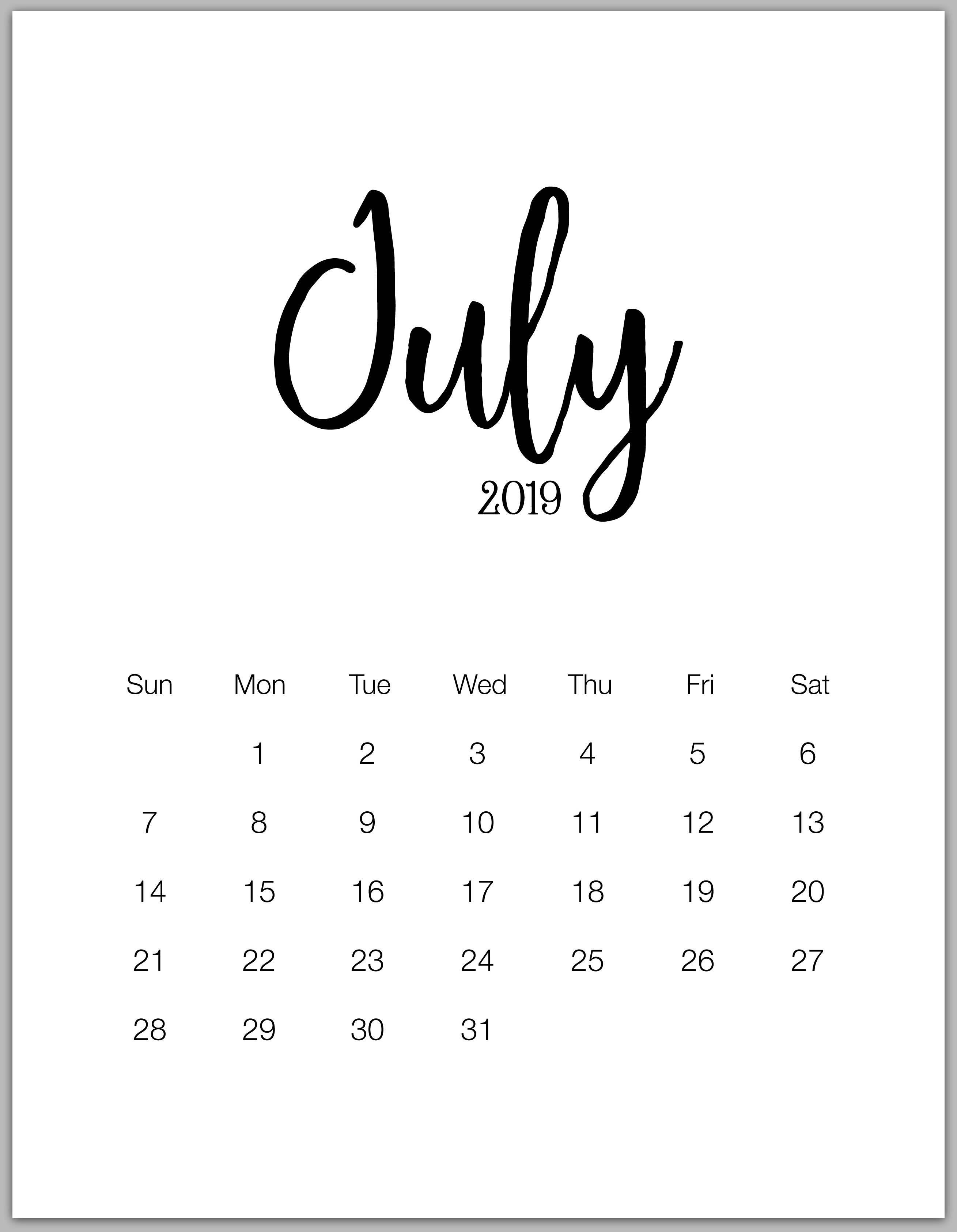 july 2019 minimalist calendar. bbb. Calendar, July calendar, Free