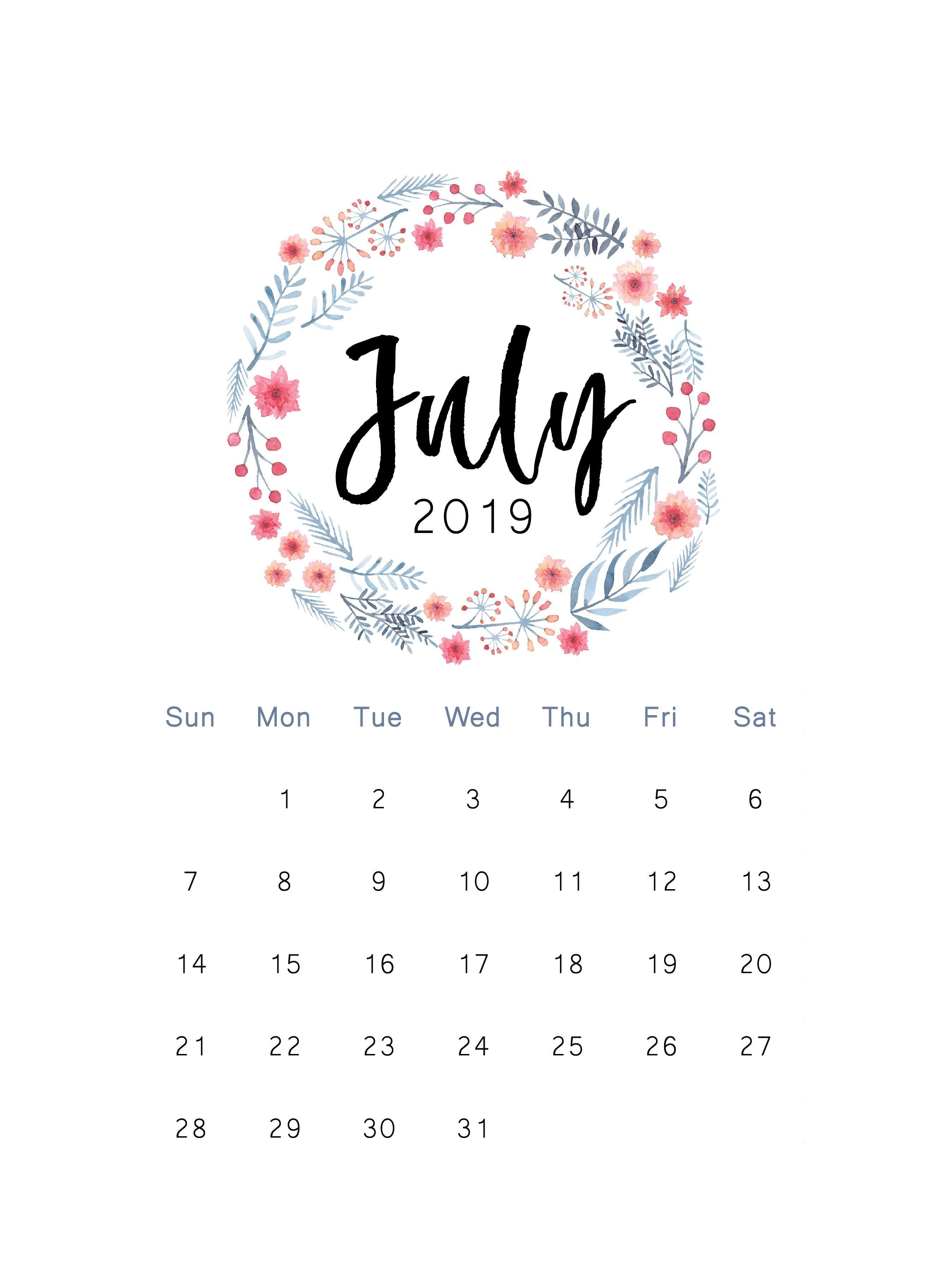 July 2019 Printable Calendar. The Cactus Creative. Calendar, Print