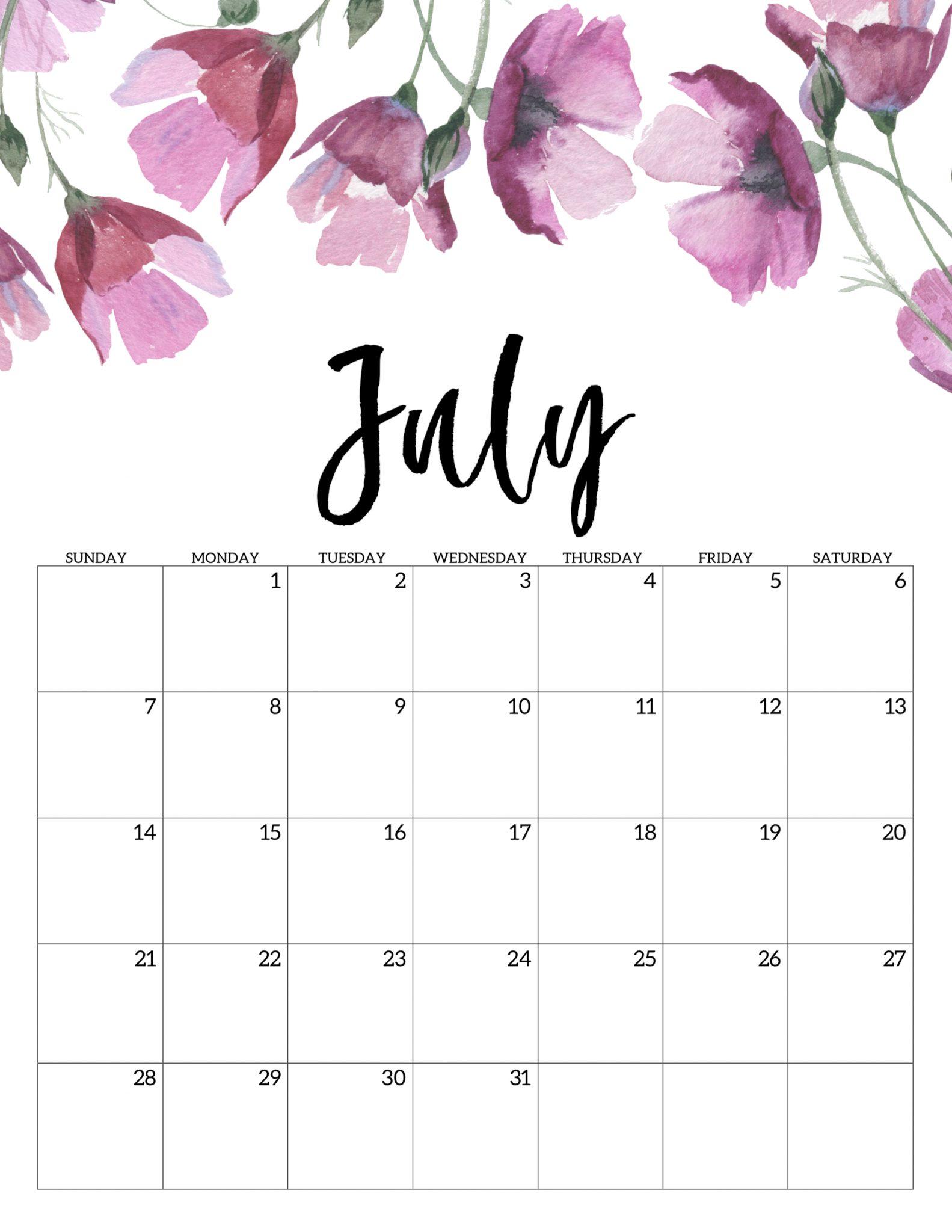July Calendar 2019 Printable, Editable, A Landscape, Portrait