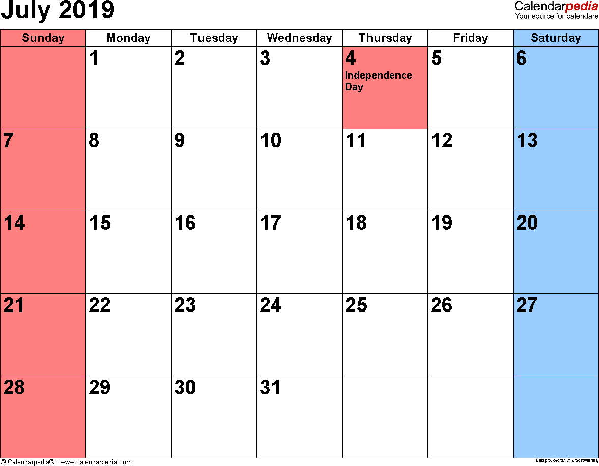 july 2019 calendar