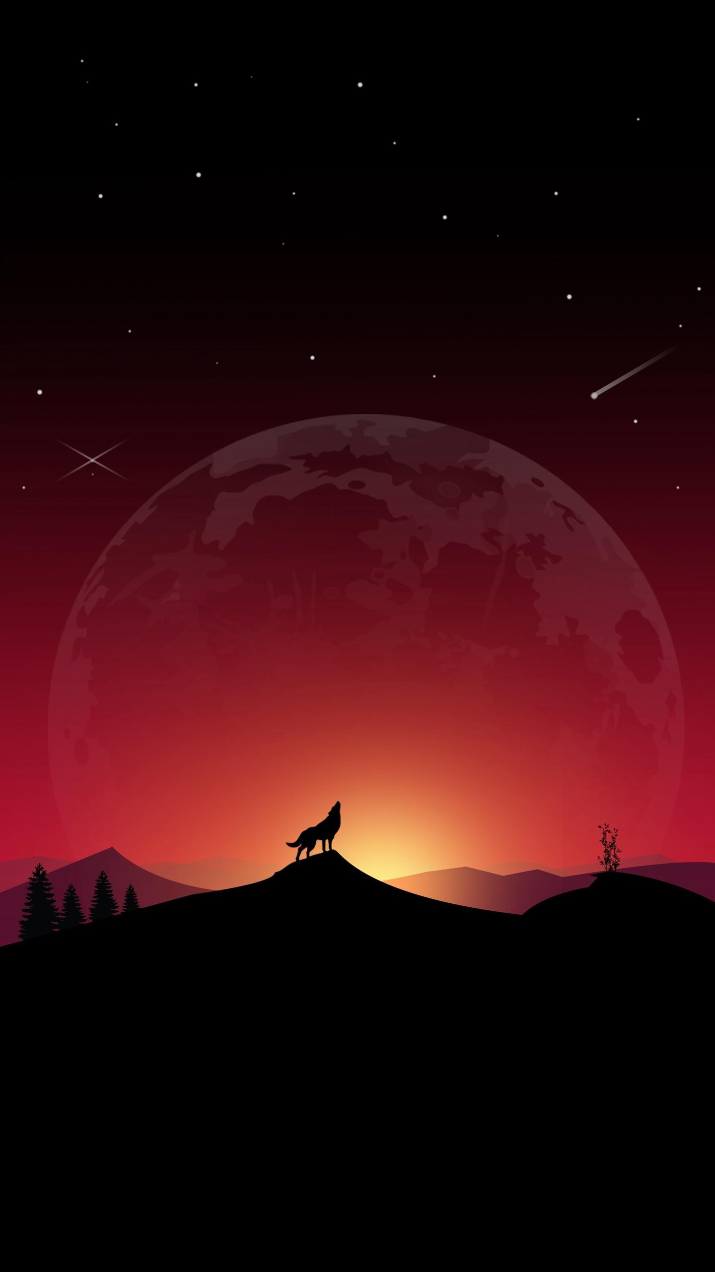Download wallpaper 1440x2560 wolf, howl, loneliness, art, full moon