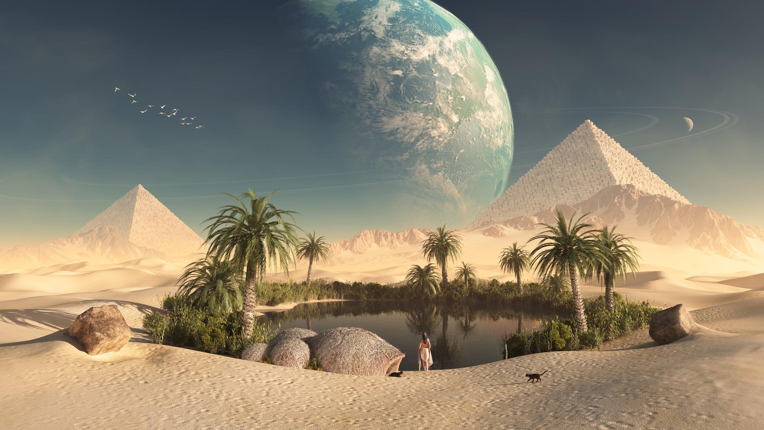 planets, desert, oasis, artwork, pyramids wallpaper