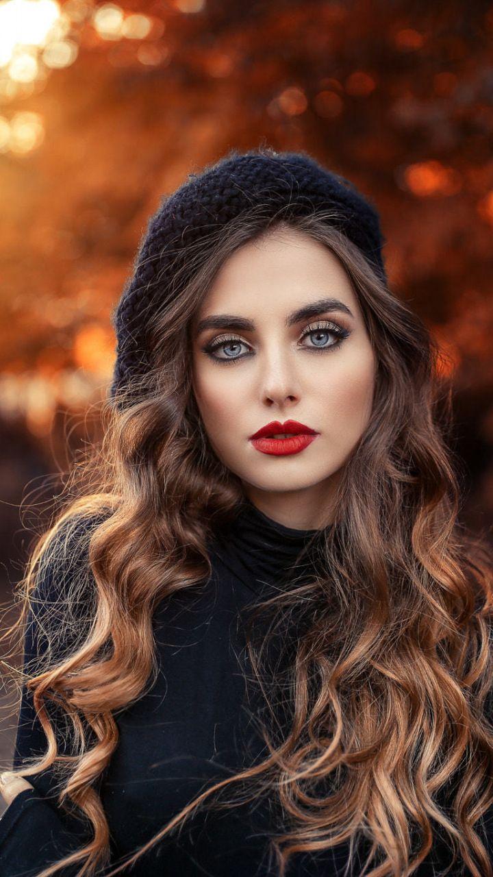 Outdoor, red lips, curly hair, brunette, woman, 720x1280 wallpaper