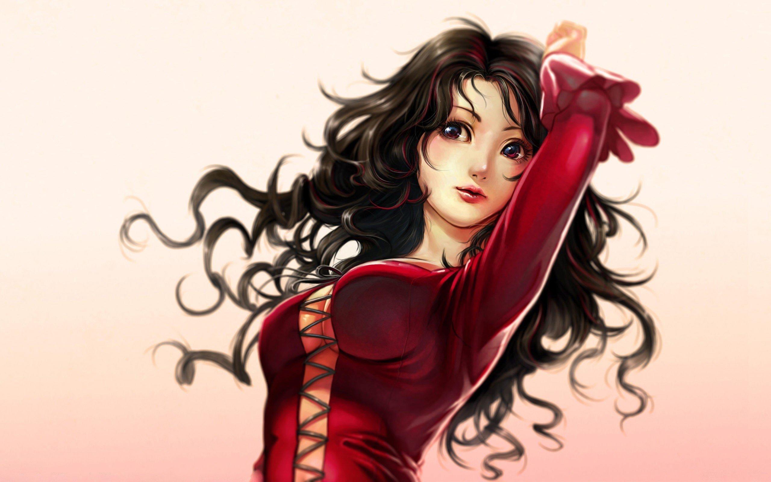 anime girls, Brunette, Dress, Red dress, Curly hair, Long hair