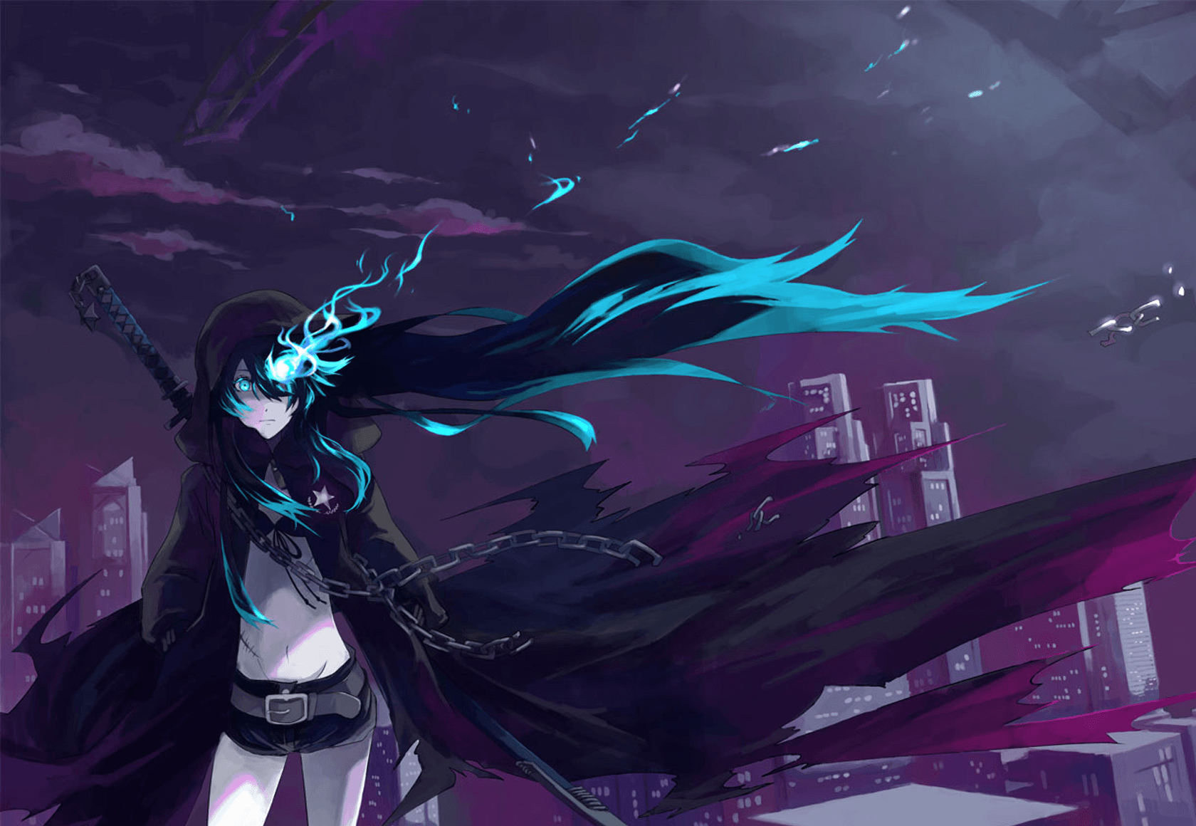 Cute anime girl with long messy black hair and blue-purple eyes