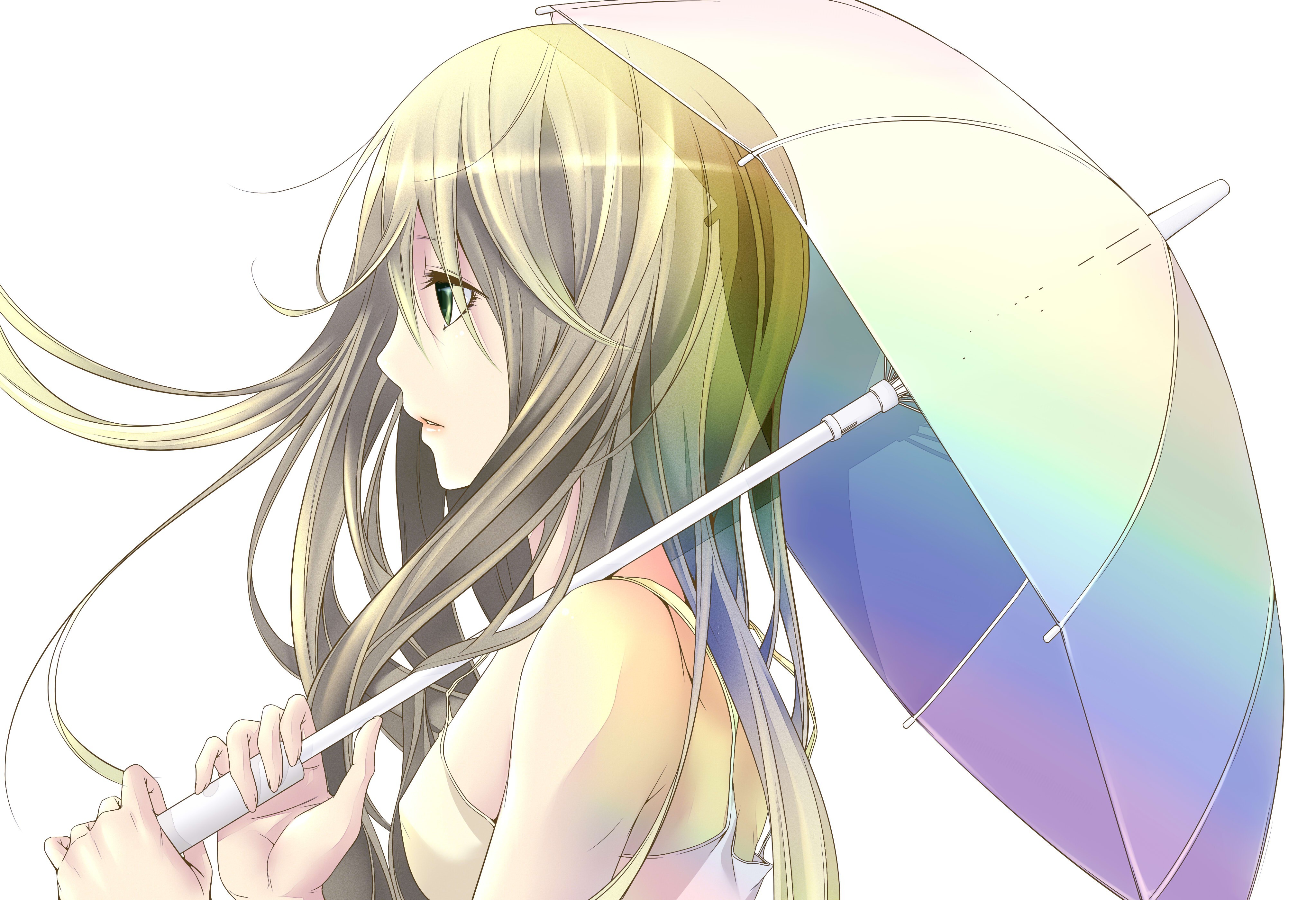 white, long hair, green eyes, umbrellas, anime girls wallpaper