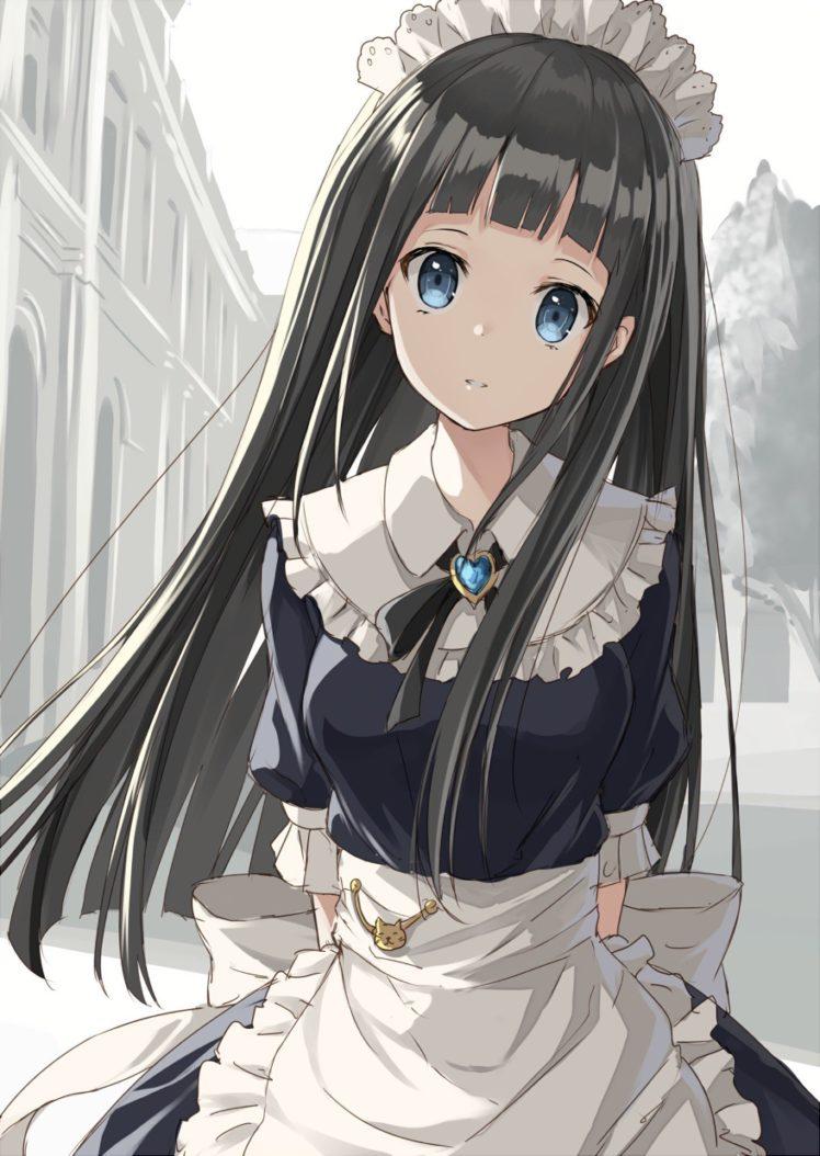 long hair, Blue eyes, Anime, Anime girls, Black hair, Maid HD