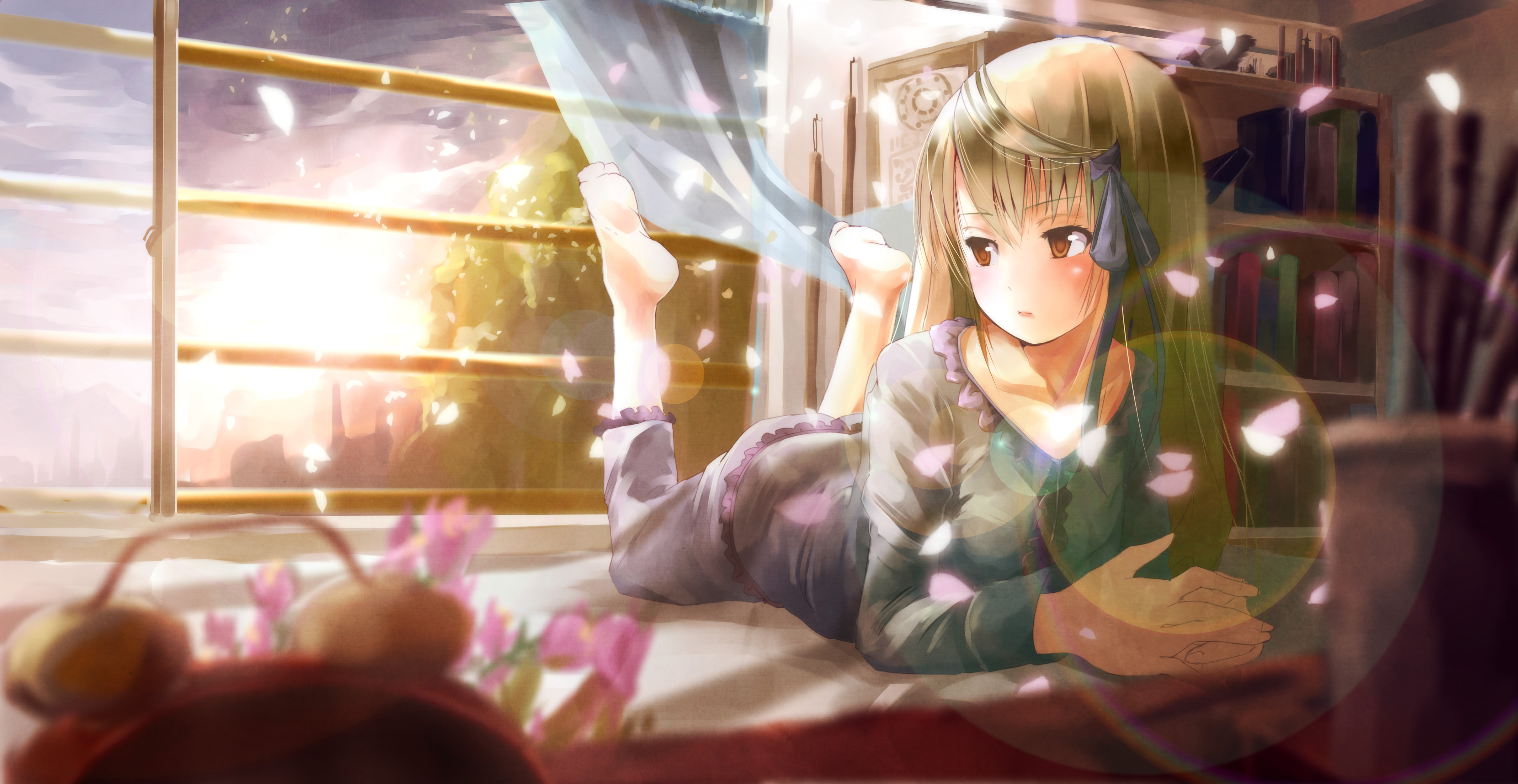 window, Pillow, bed, sunset, anime, anime girl, wallpaper, original