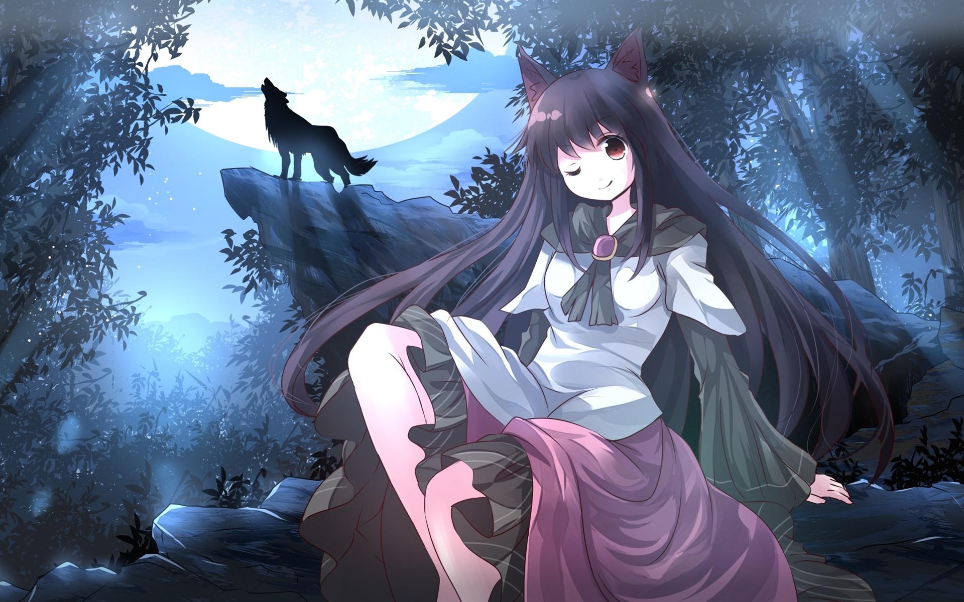 Wallpaper Long hair anime girl, wolf, trees, moon, night 1920x1200