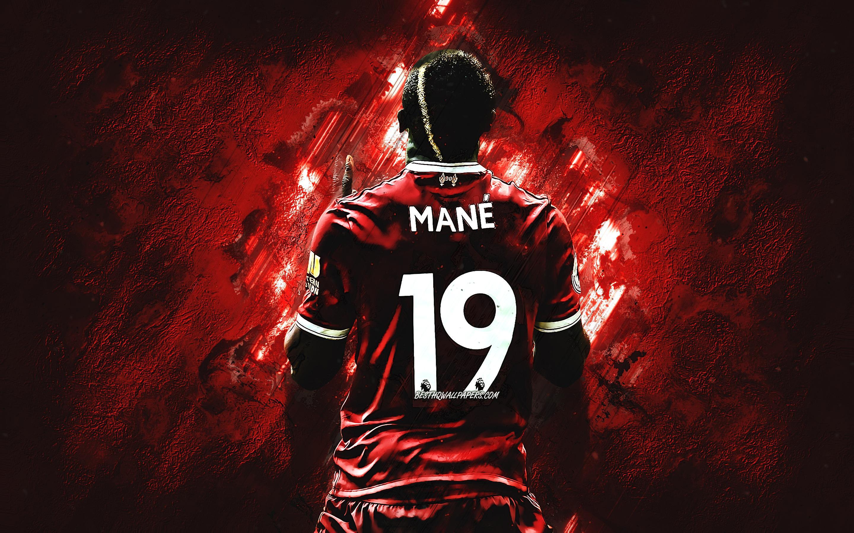 Download wallpaper Sadio Mane, red stone, Liverpool FC, back view
