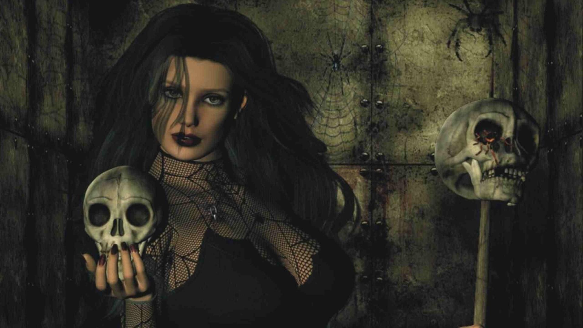 brunettes, women, fantasy, witch, skulls, fantasy art, digital art