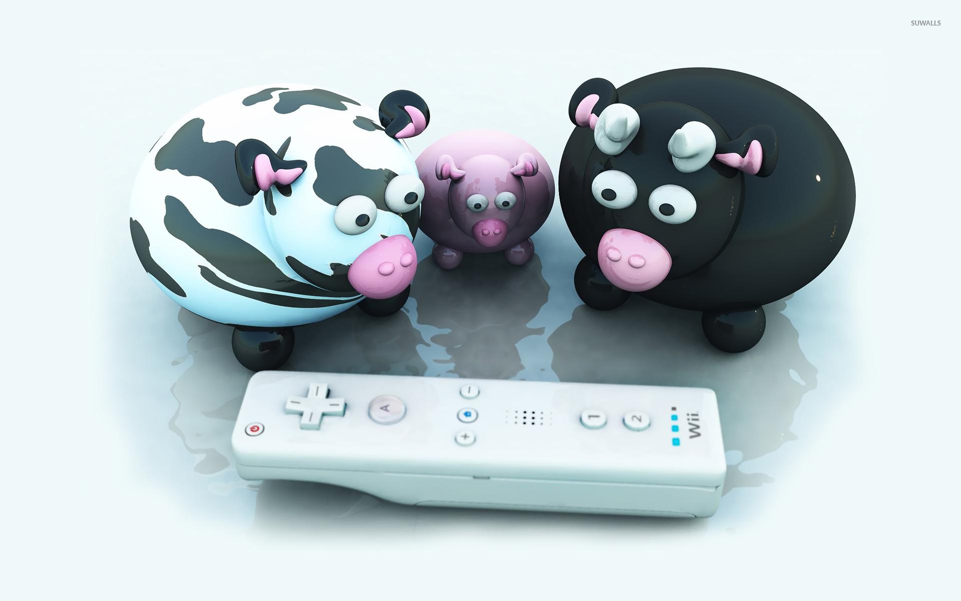 Cows looking at a Wii controller wallpaper wallpaper
