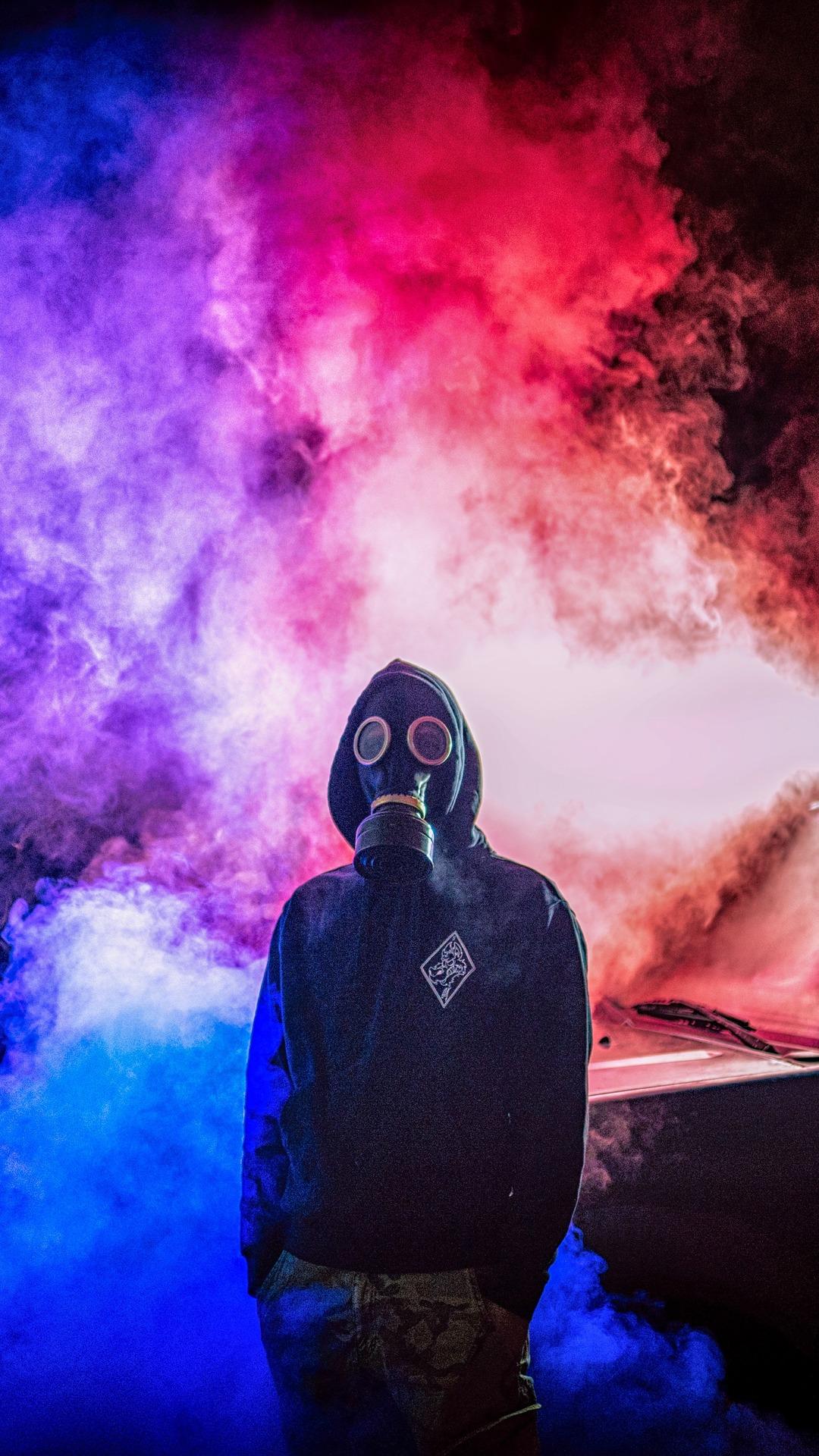 Download wallpaper 1080x1920 gas mask, man, smoke, colorful samsung