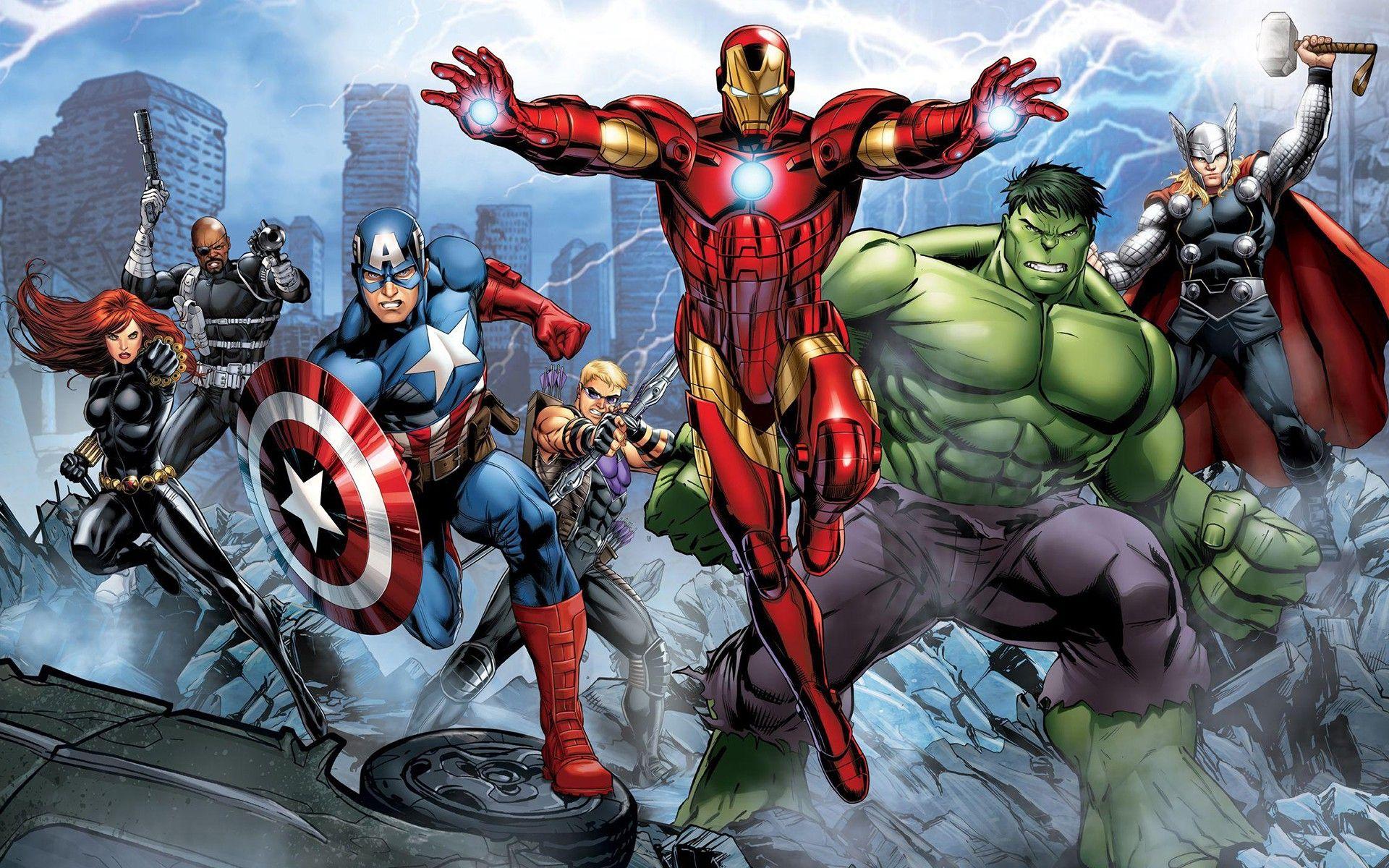 164811 The_Avengers Iron_Man Hulk Hawkeye Thor Captain_America Nick_Fury Black_Widow Lightning Marvel_Comics.. Avengers Cartoon, Marvel Comics Wallpaper, Avengers