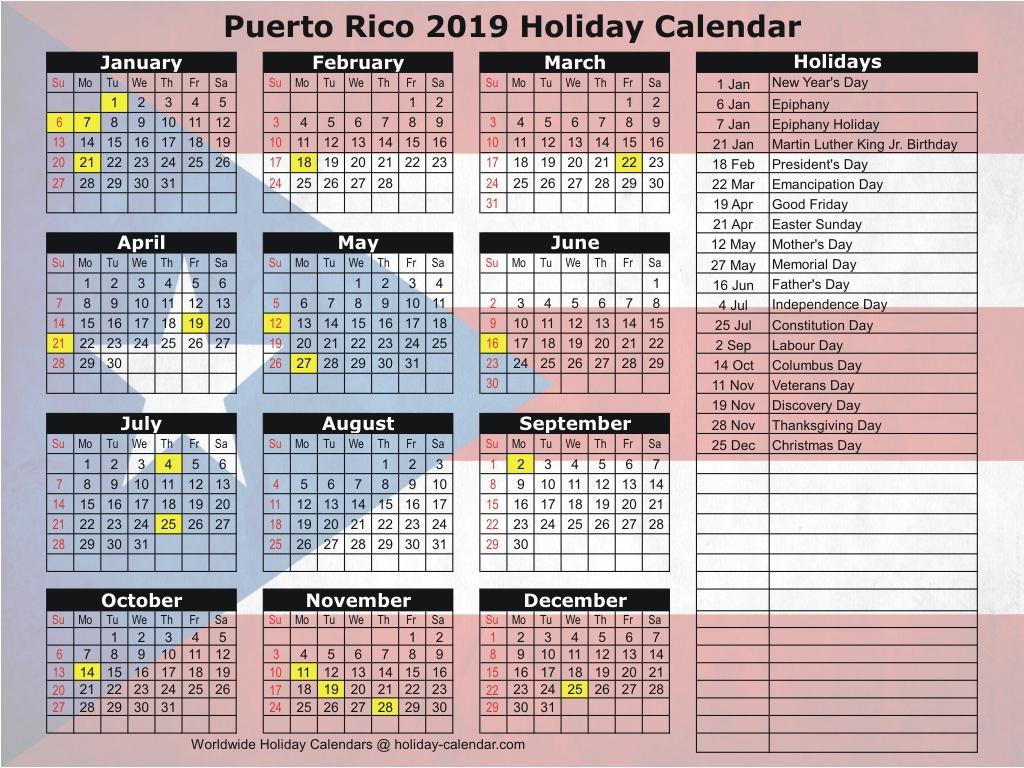 Puerto Rico 2019 / 2020 Holiday Calendar