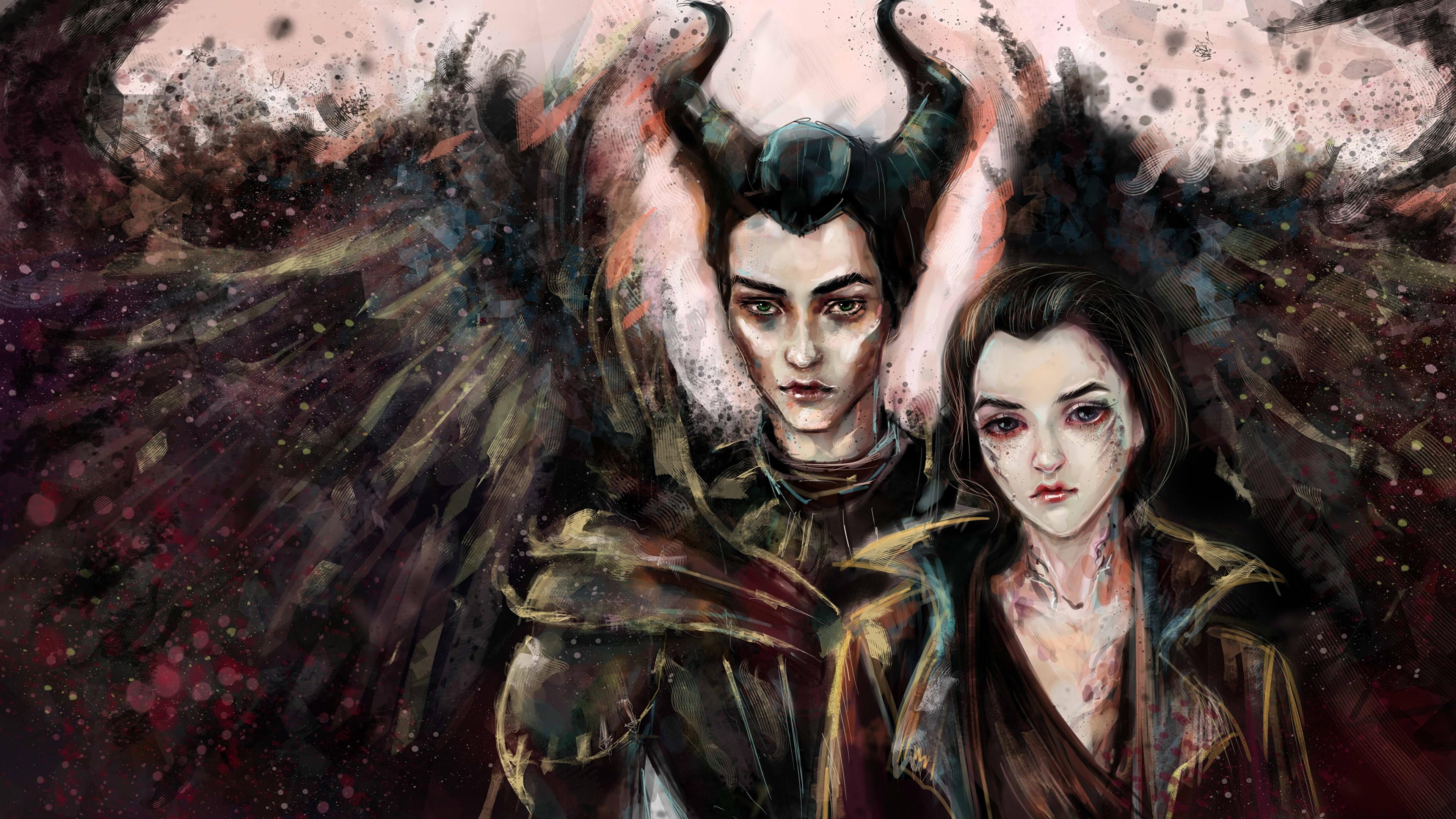 Wallpaper Horns Wings Maleficent and Diaval 2 Girls 3840x2160
