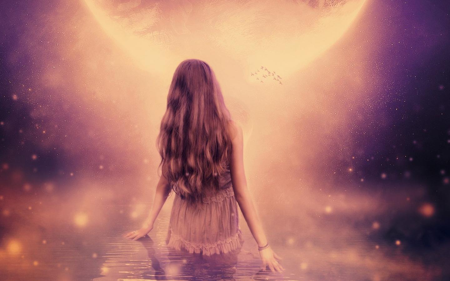Fantasy Girl in Space River Moon Night Sky wallpaper. Best HD