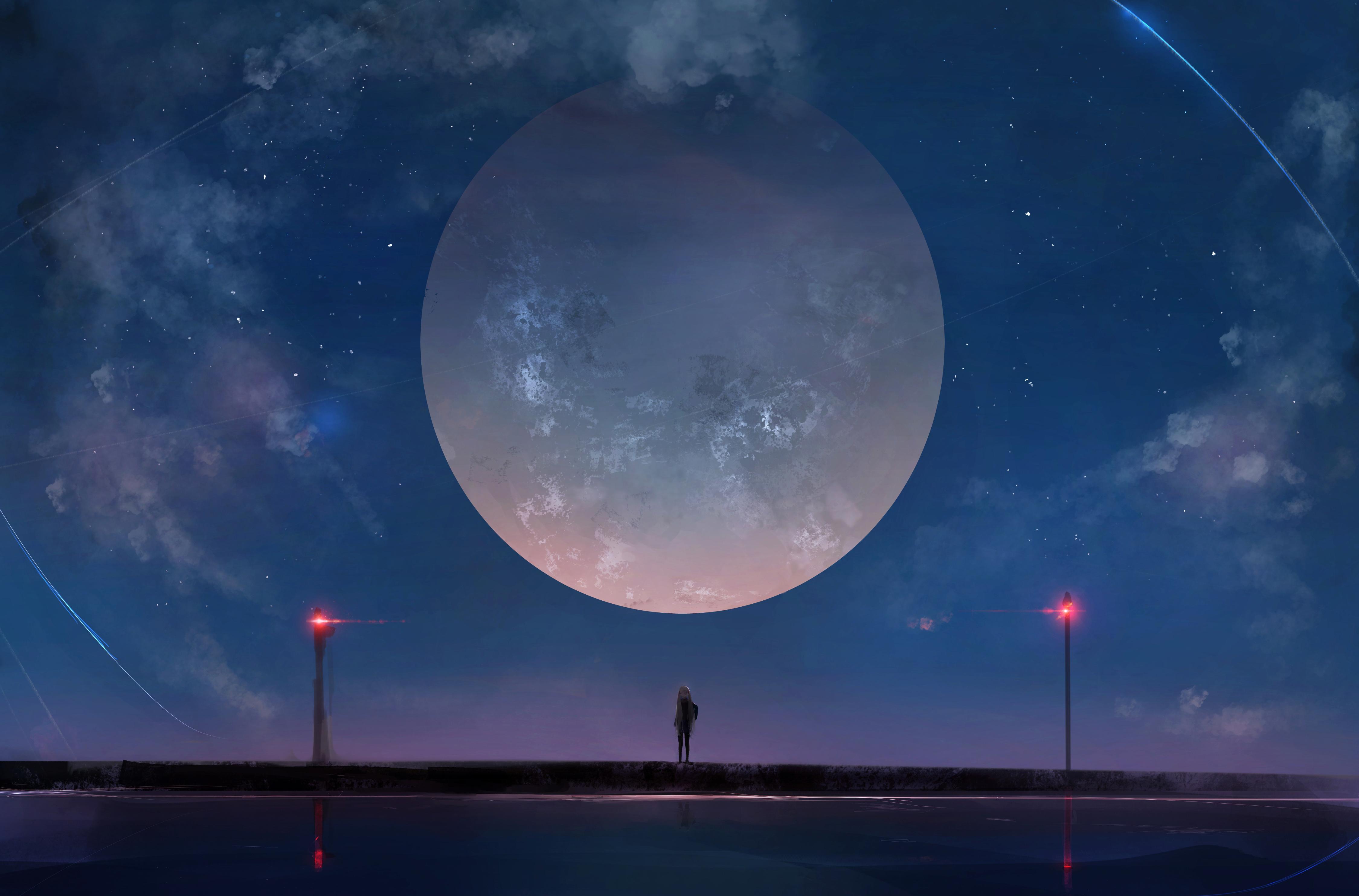 Huge Moon Anime Girl Night Sky Stars, HD Anime, 4k Wallpaper