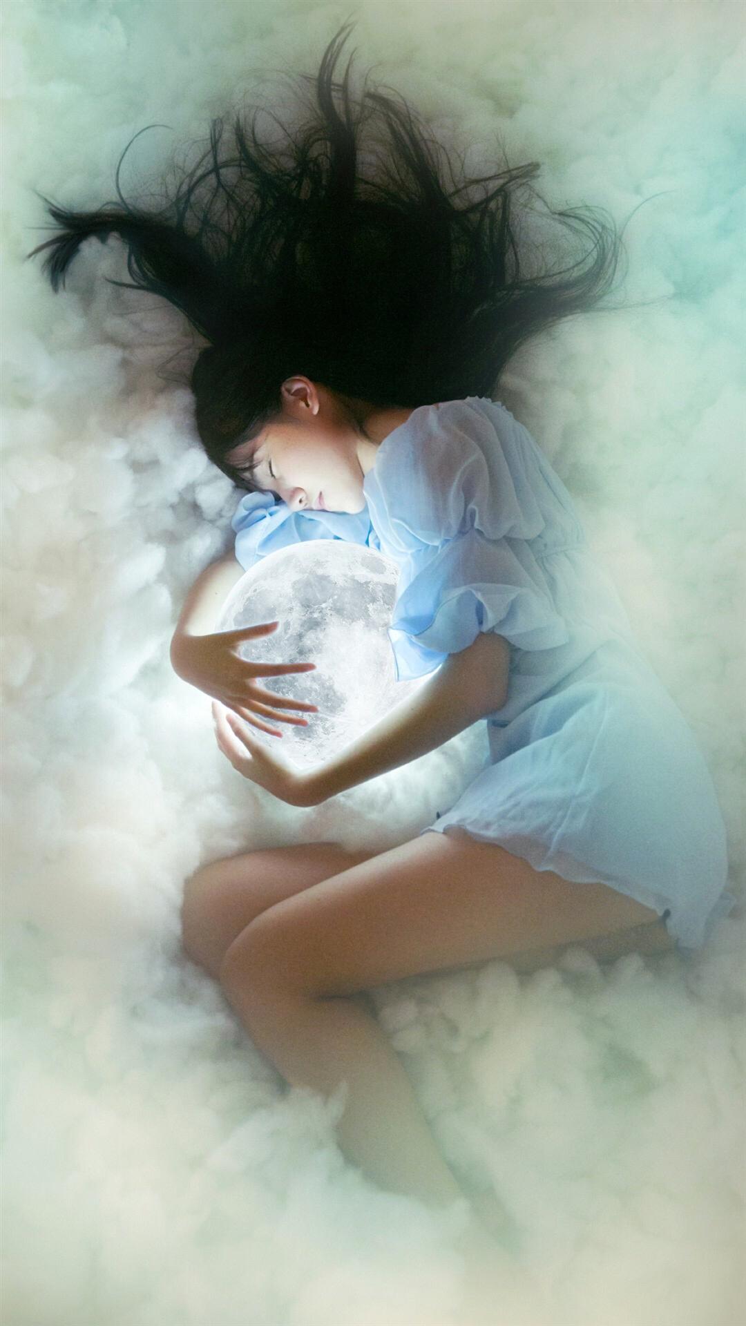 Dreamy Hug Shiny Moon Sleepy Girl iPhone 8 Wallpaper Download