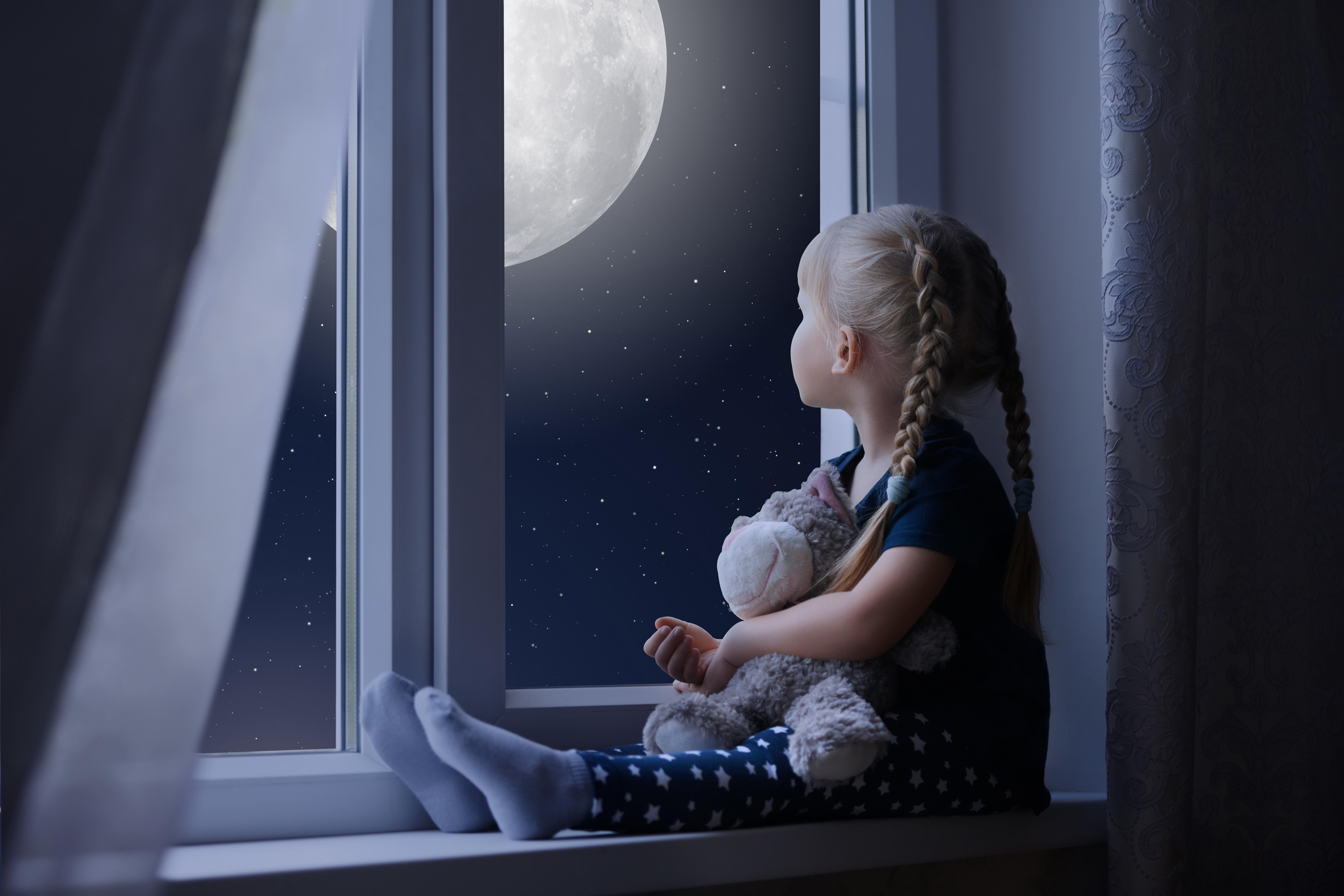 Little Girl Sad Window Teddybear Night Moon 8K Wallpaper