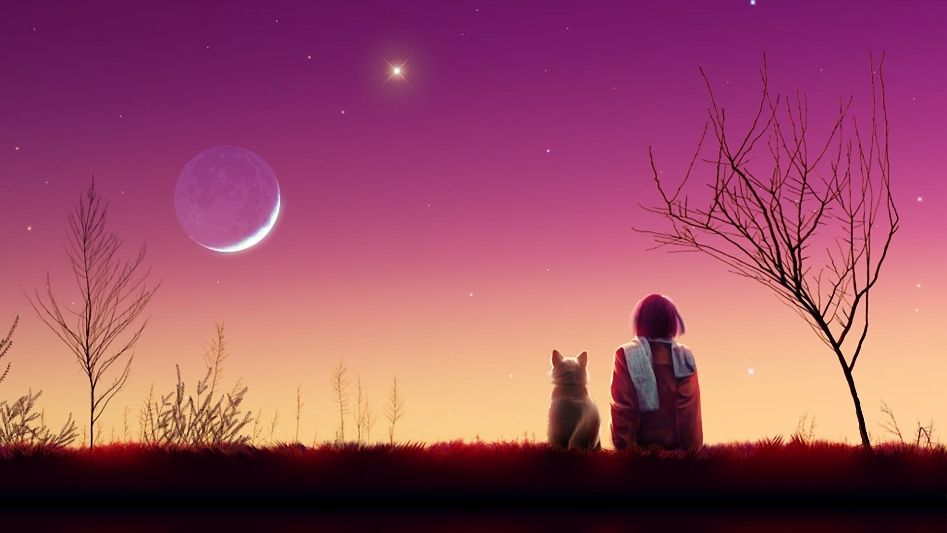 Kagaya Moon Anime Girl Cat Sunset Nature Image