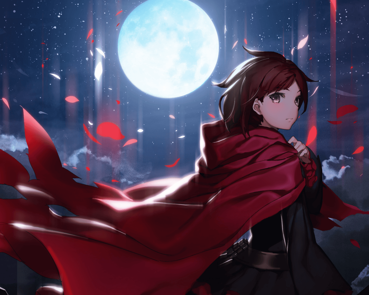 Download 1280x1024 Anime Girl, Moon, Cape, Petals, Night, Stars