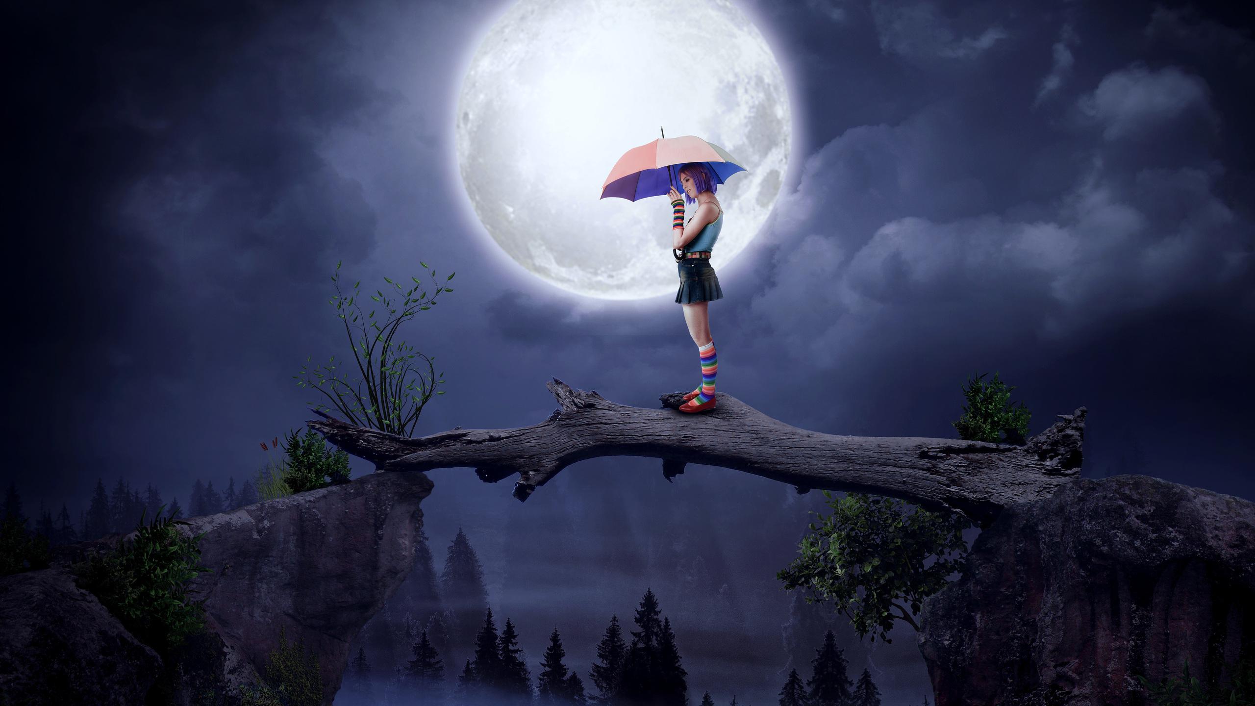 Girl With Umbrella Big Moon Digital Art 5k 1440P