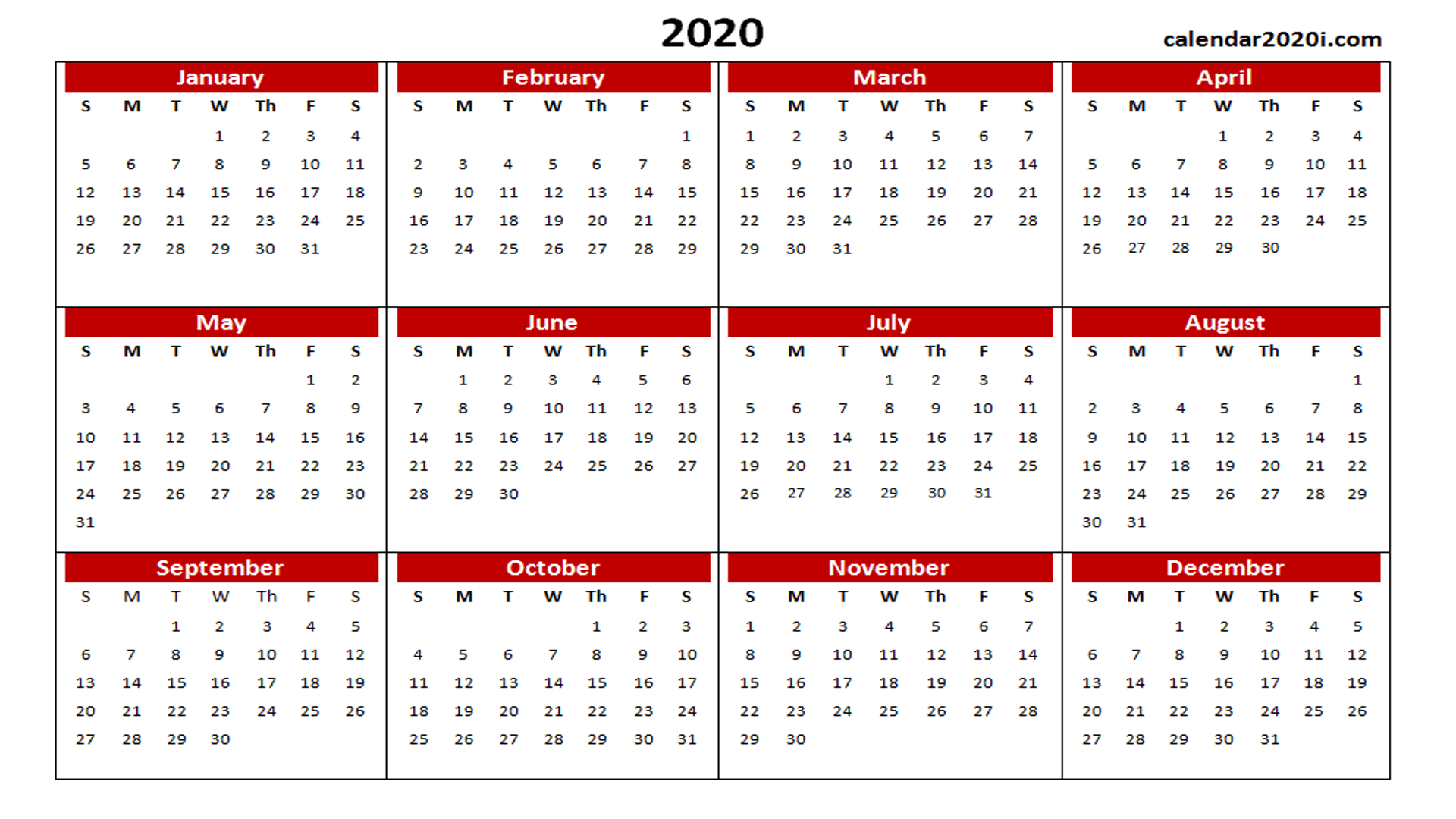 2020 Calendar Printable Template Holidays, Word, Excel, PDF, Wallpapers
