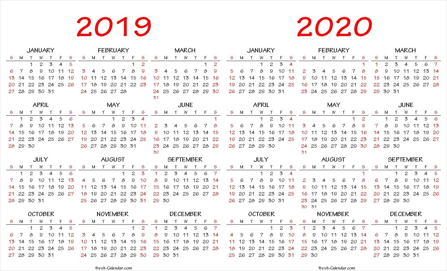 Two Yearly Calendar 2019 2020 Printable. Blank Calendar