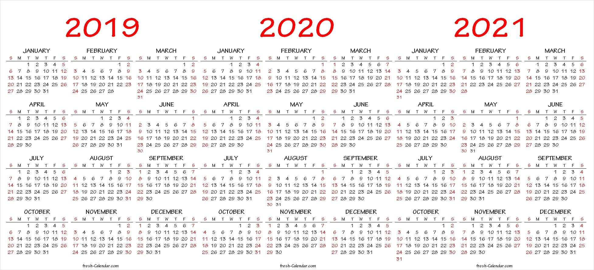 Three Yearly Calendar 2019 2020 2021 Printable Free. Blank