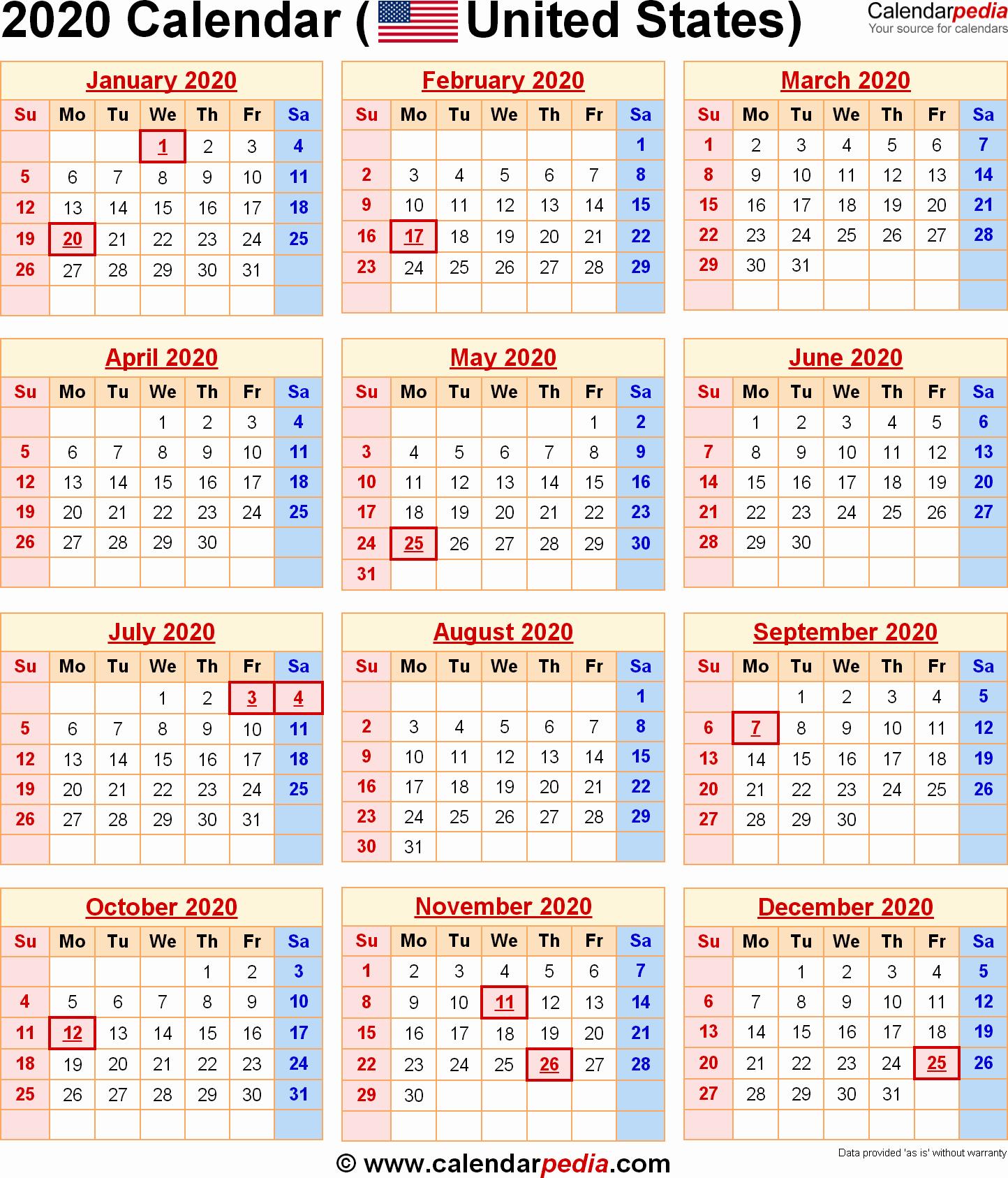 Free Printable Yearly Calendar 2019 2020 2020 Calendar with Federal