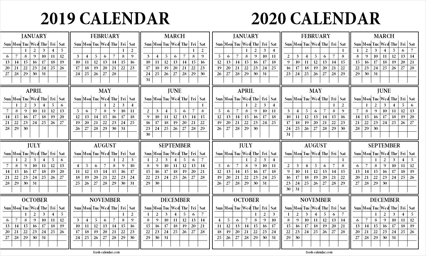 Two Yearly 2019 2020 Calendar Printable. Blank Calendar