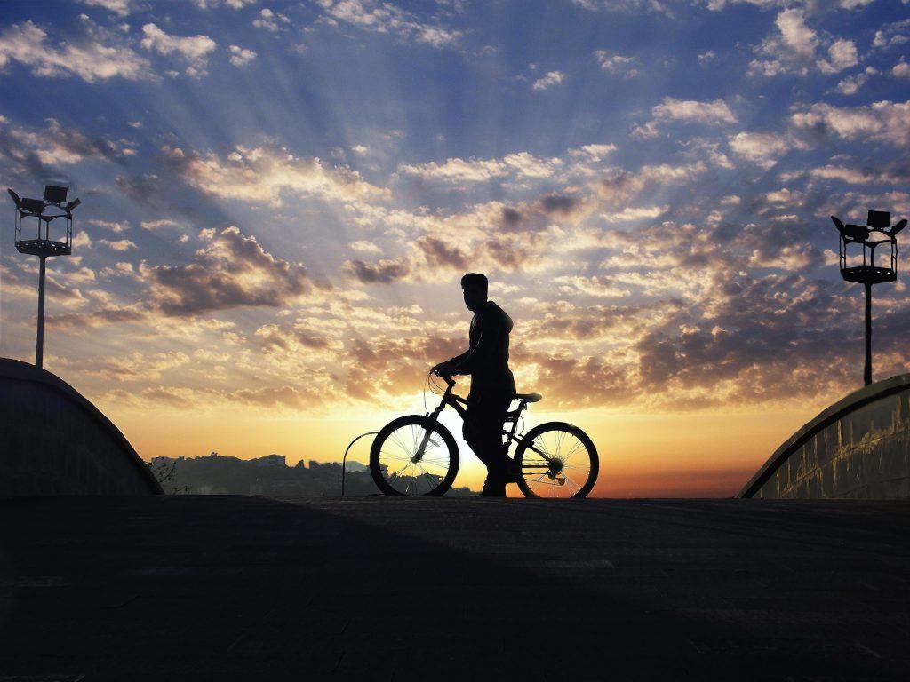 Dusk Person Bicycle Figure Sky Blue 4K Wallpaper