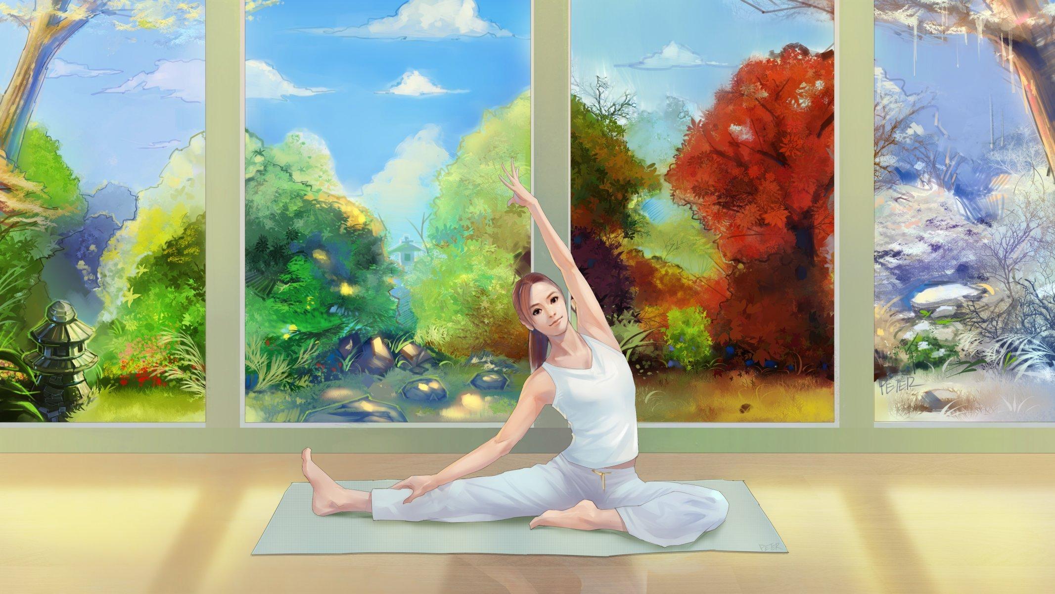 painting art girl view yoga mat seasons summer autumn winter spring