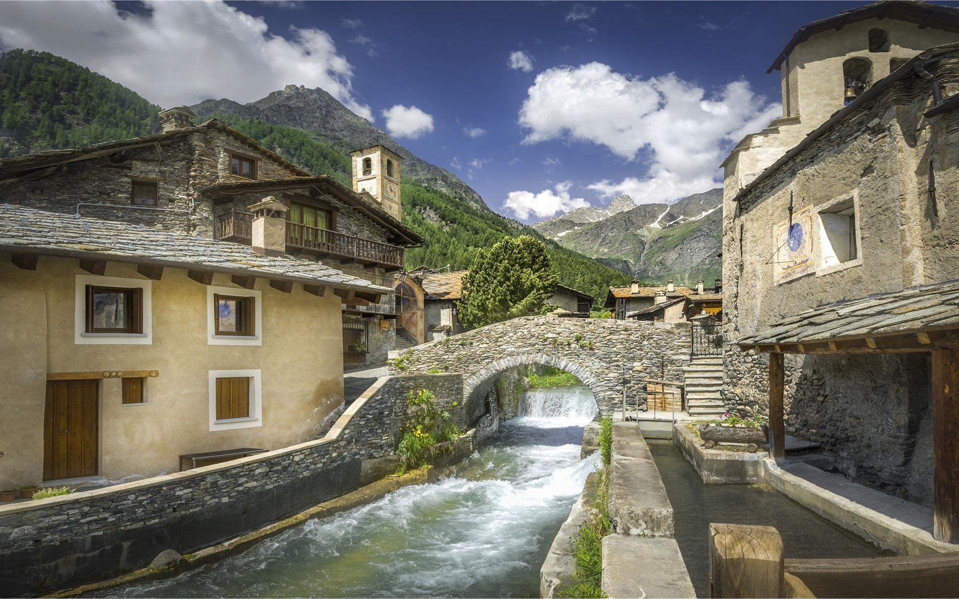 Wallpaper Italy, Piedmont, village, bridge, river, mountain