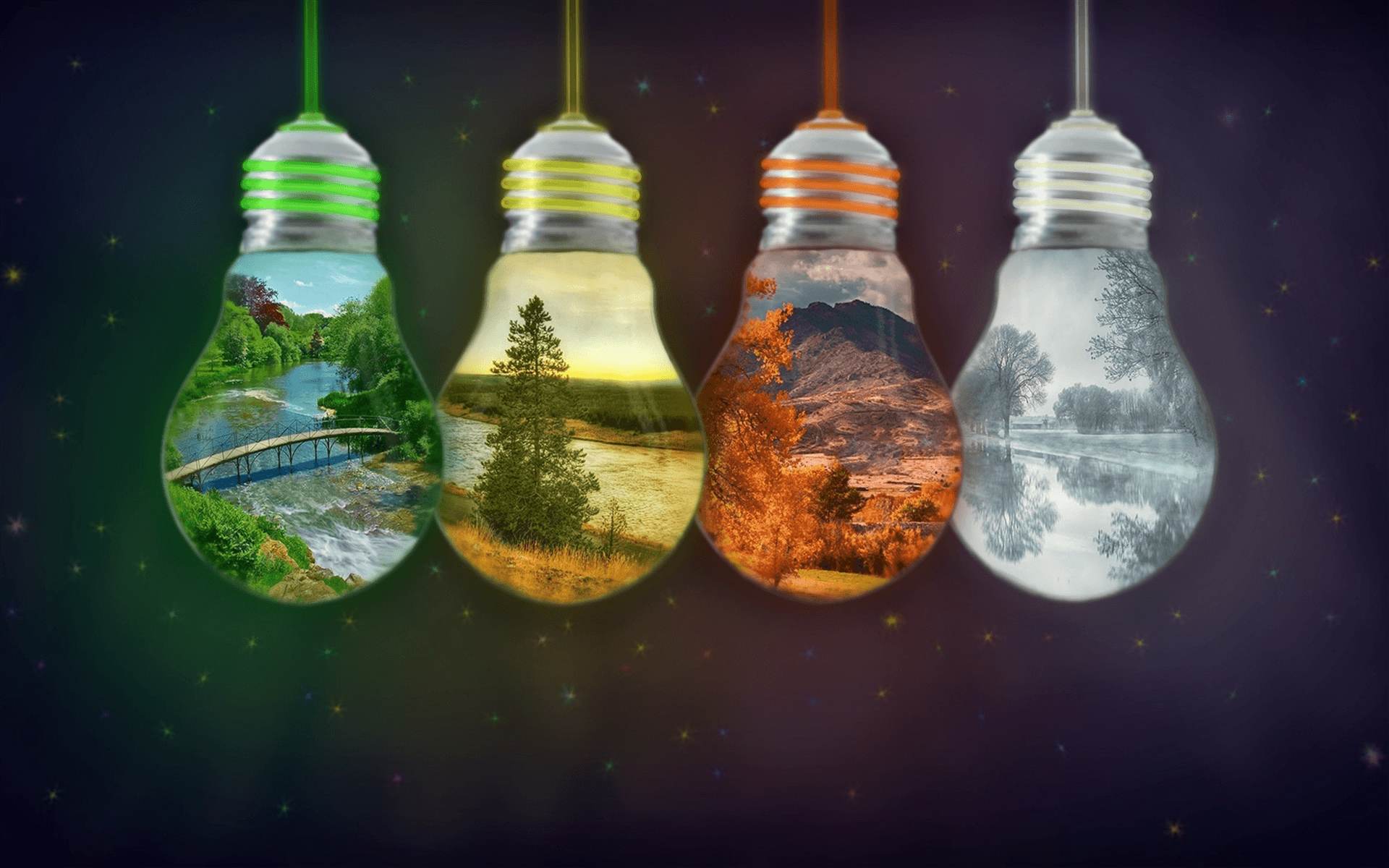 Download wallpaper 4 seasons concept, light bulbs, spring, summer