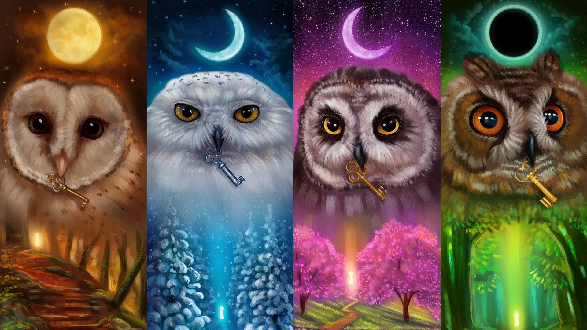HD wallpaper: seasons, moon, owl, autumn, winter, spring, summer