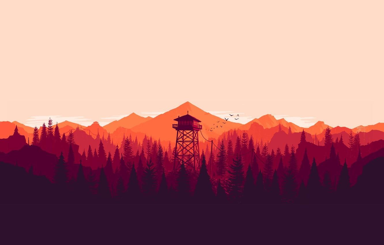 Wallpaper forest, sunset, mountains, birds, tower, the long dark
