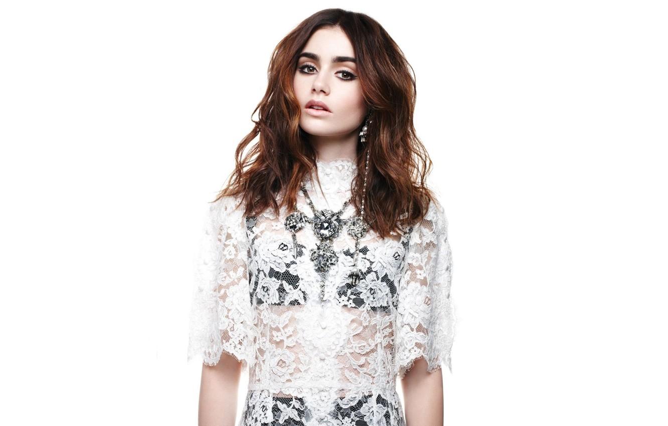 Wallpaper girl, actress, brunette, white background, Lily Collins
