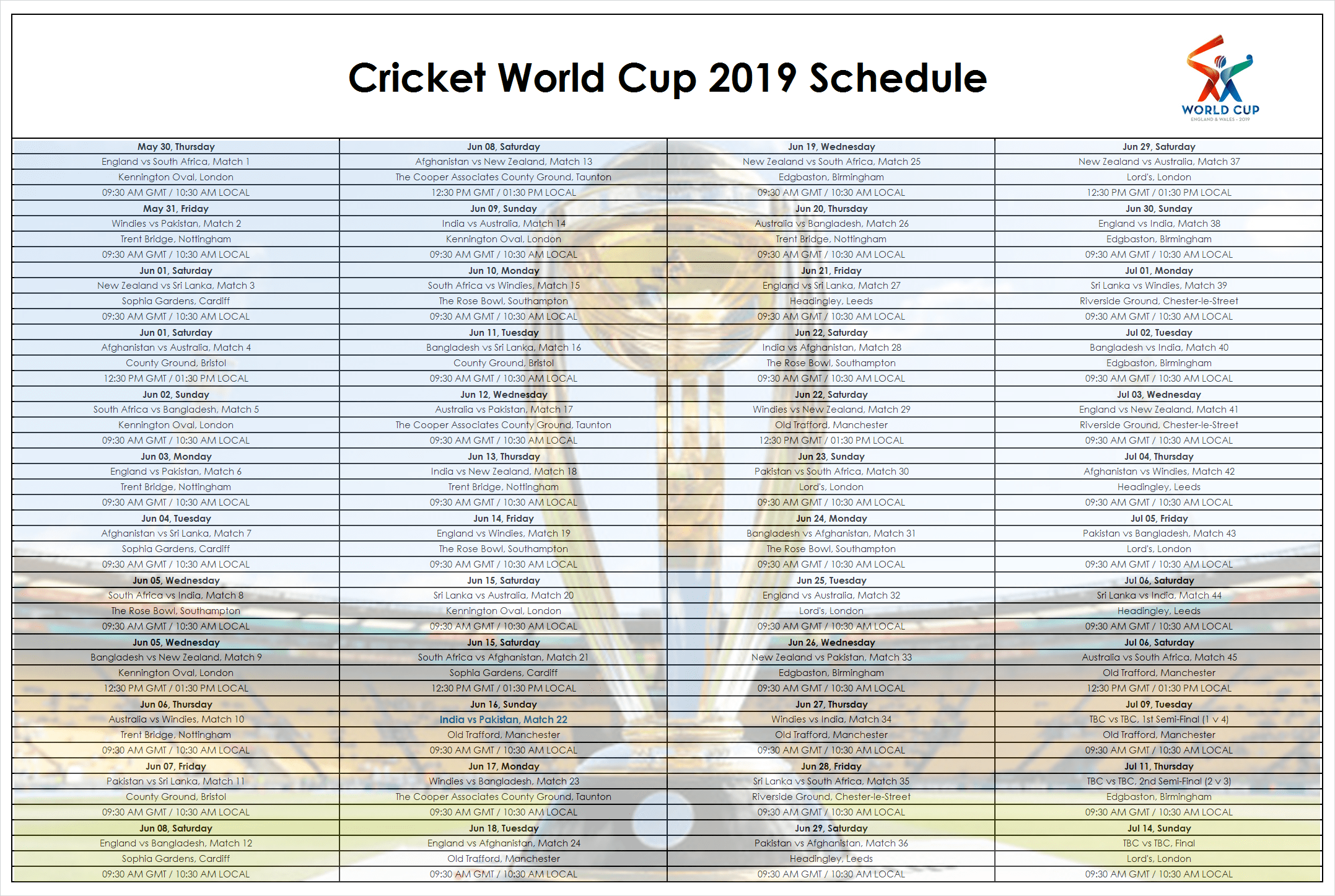World Cup 2019 Schedule Image, Picture, Photo and Wallpaper. ICC